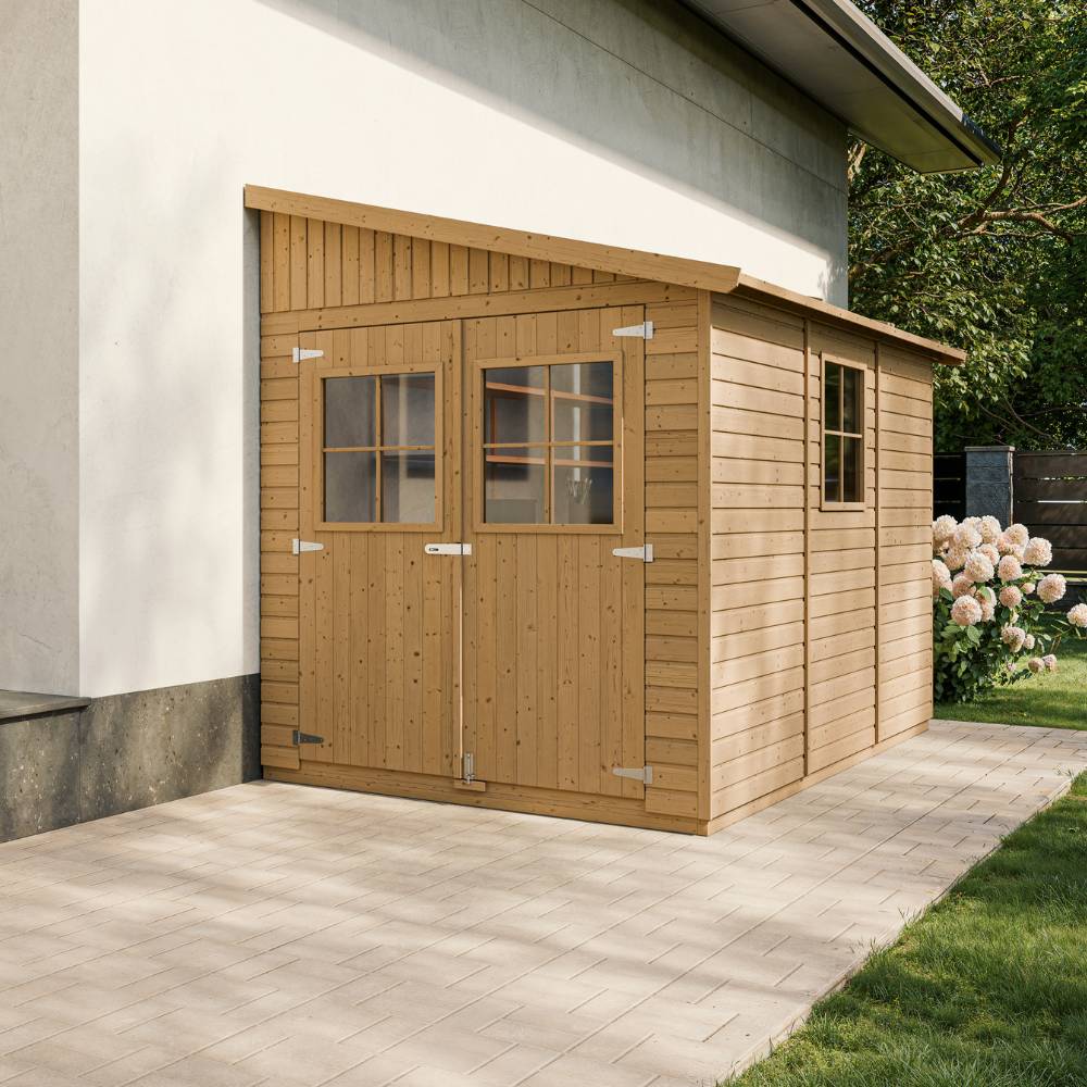 Timbela - Abri de Jardin en Bois Naturel H243x216x318 cm / 6 m² sans paroi latérale avec fenêtres - 17 mm d’épaisseur - Timbela M339 - Image 1