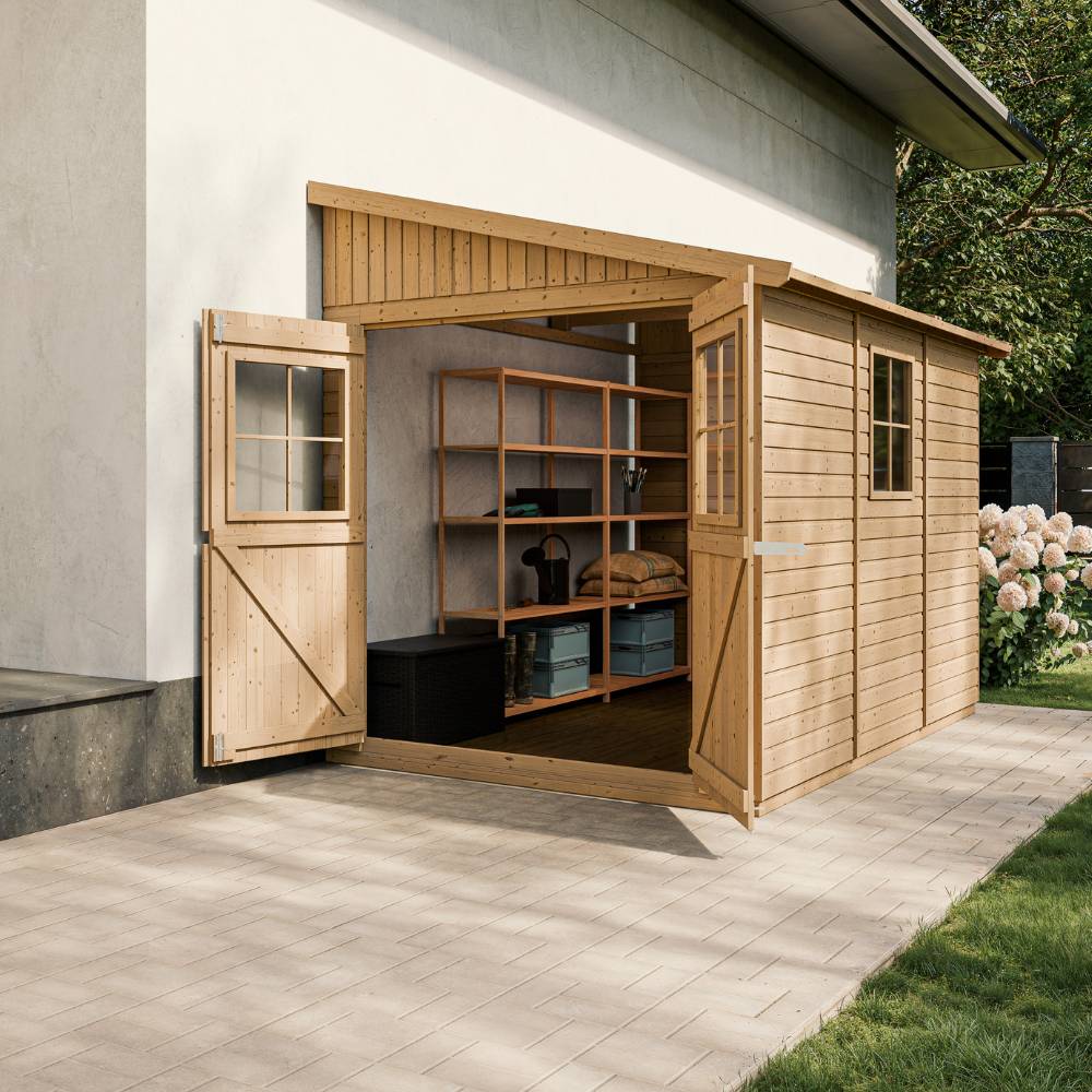 Timbela - Abri de Jardin en Bois Naturel H243x216x318 cm / 6 m² sans paroi latérale avec fenêtres - 17 mm d’épaisseur - Timbela M339 - Image 2