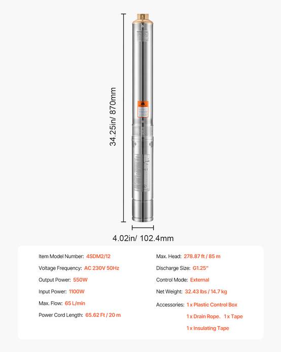 VEVOR Pompe immergée à eau pour puits profond acier inox 550 W 65 L/min 85 m - Image 7