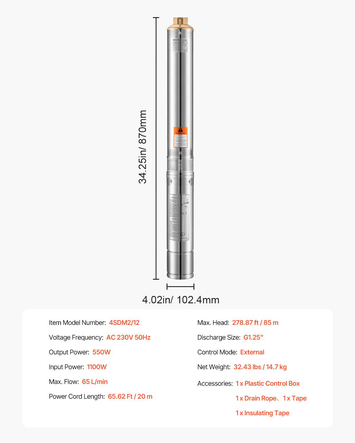 VEVOR Pompe immergée à eau pour puits profond acier inox 550 W 65 L/min 85 m - Image 7
