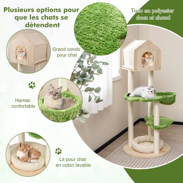 Helloshop26 - Arbre à chat 139 cm en bois poteau griffoir condo panier lit pour chat 2 plate-forme tour de jeux pour chat vert - Imagen 3