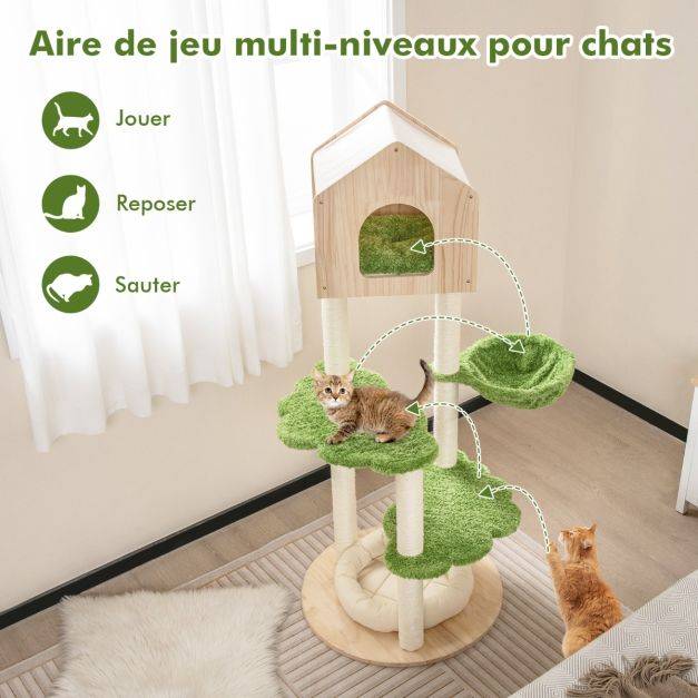 Helloshop26 - Arbre à chat 139 cm en bois poteau griffoir condo panier lit pour chat 2 plate-forme tour de jeux pour chat vert - Imagen 4