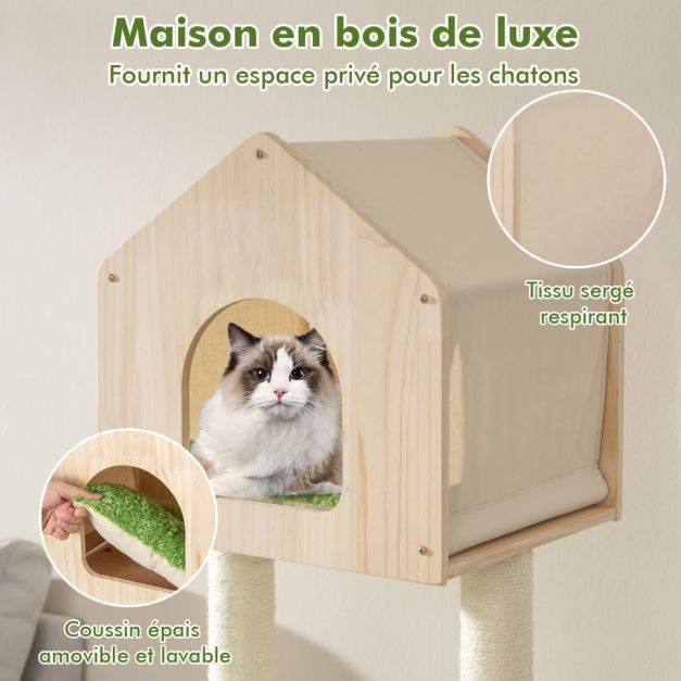 Helloshop26 - Arbre à chat 139 cm en bois poteau griffoir condo panier lit pour chat 2 plate-forme tour de jeux pour chat vert - Imagen 2