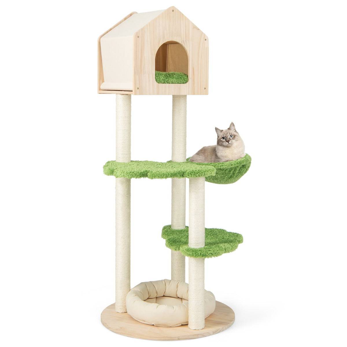 Helloshop26 - Arbre à chat 139 cm en bois poteau griffoir condo panier lit pour chat 2 plate-forme tour de jeux pour chat vert - Imagen 1