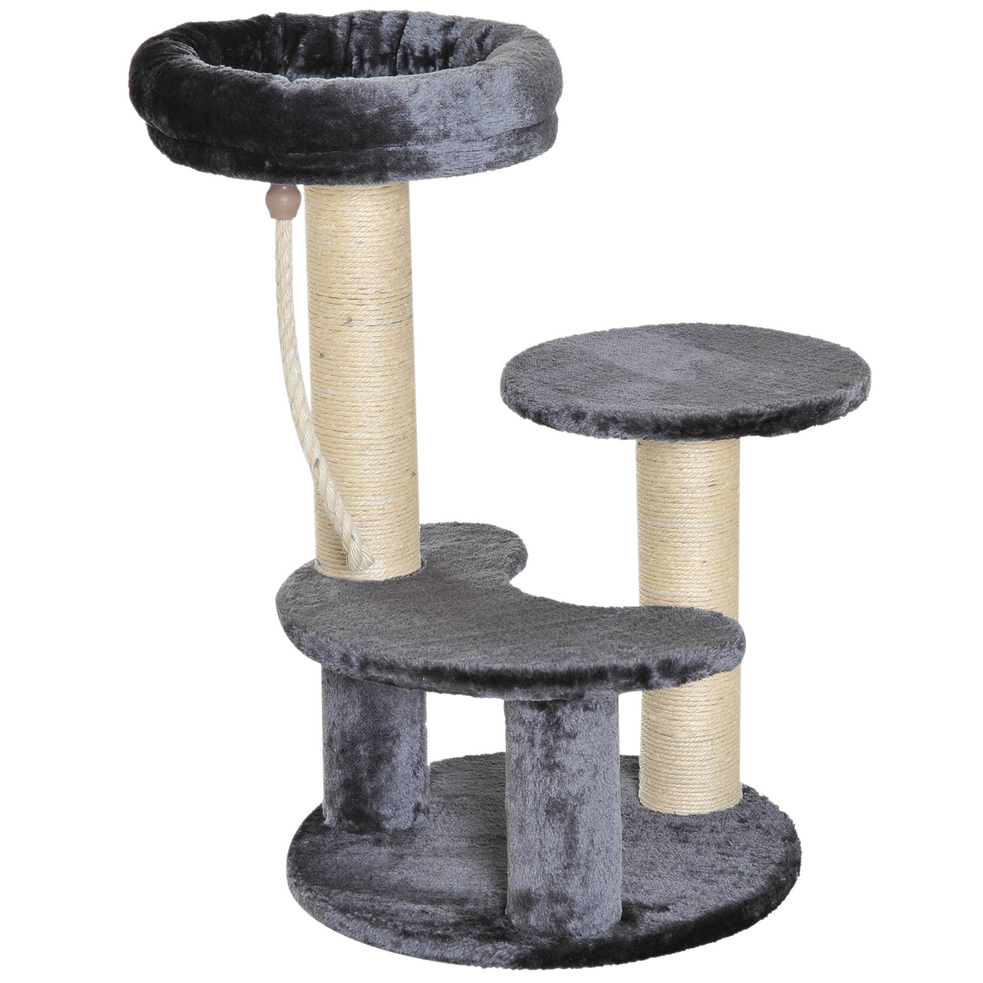 Pawhut - Arbre à chats 2 griffoirs grattoirs sisal naturel 3 plateformes corde à grimper dim. Ø 40 x 65H cm peluche haute densité 500 g/m² gris - Imagen 1