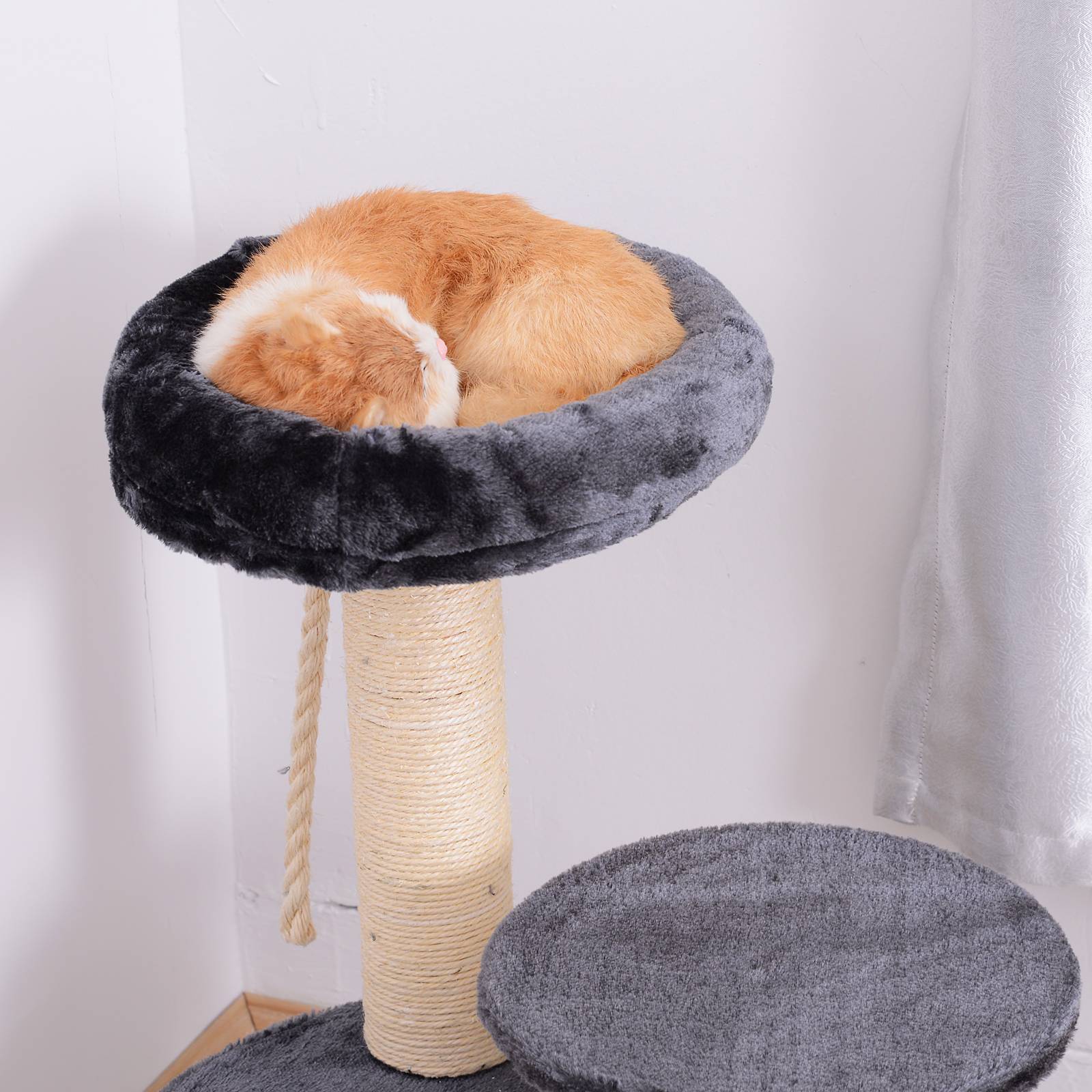 Pawhut - Arbre à chats 2 griffoirs grattoirs sisal naturel 3 plateformes corde à grimper dim. Ø 40 x 65H cm peluche haute densité 500 g/m² gris - Imagen 6