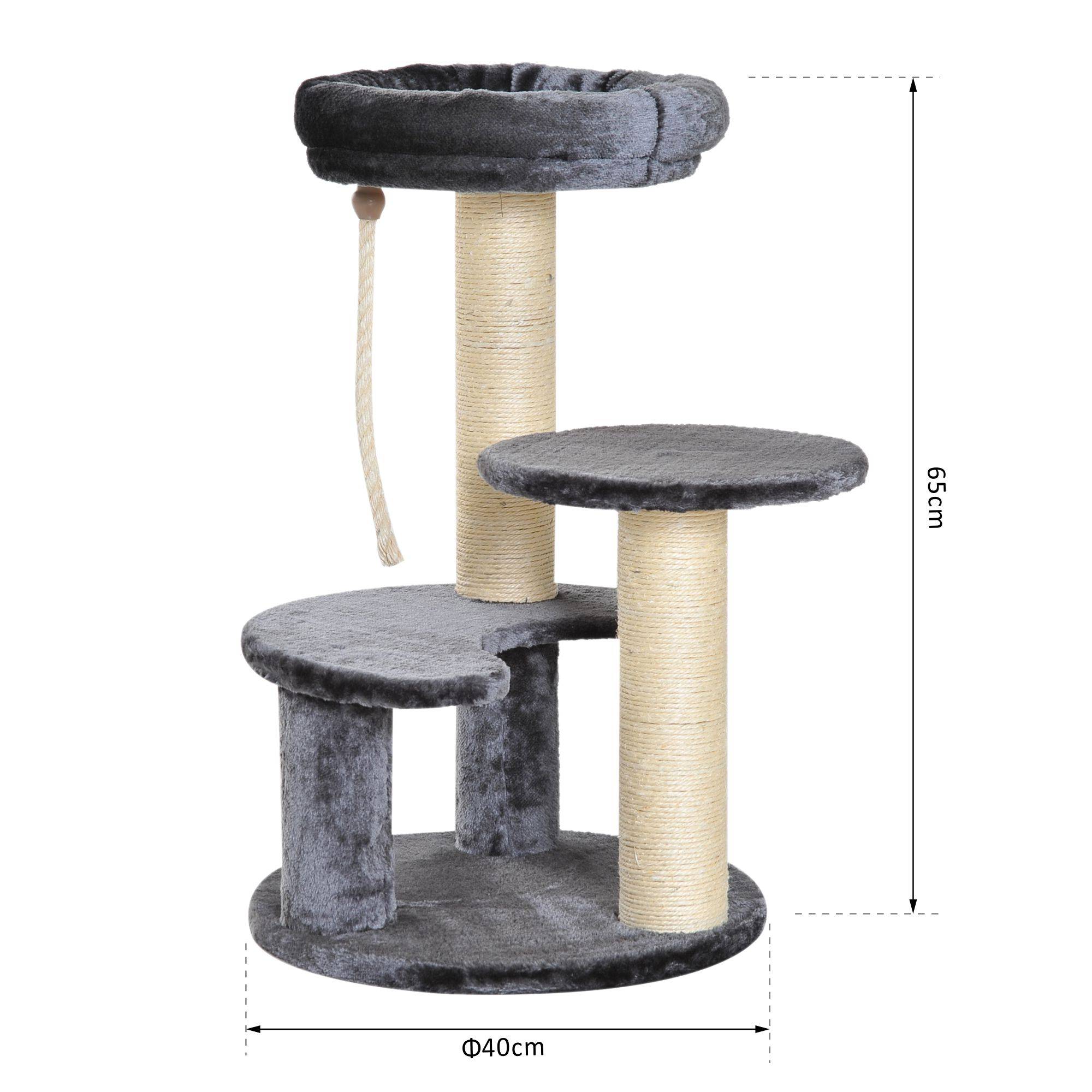 Pawhut - Arbre à chats 2 griffoirs grattoirs sisal naturel 3 plateformes corde à grimper dim. Ø 40 x 65H cm peluche haute densité 500 g/m² gris - Imagen 3