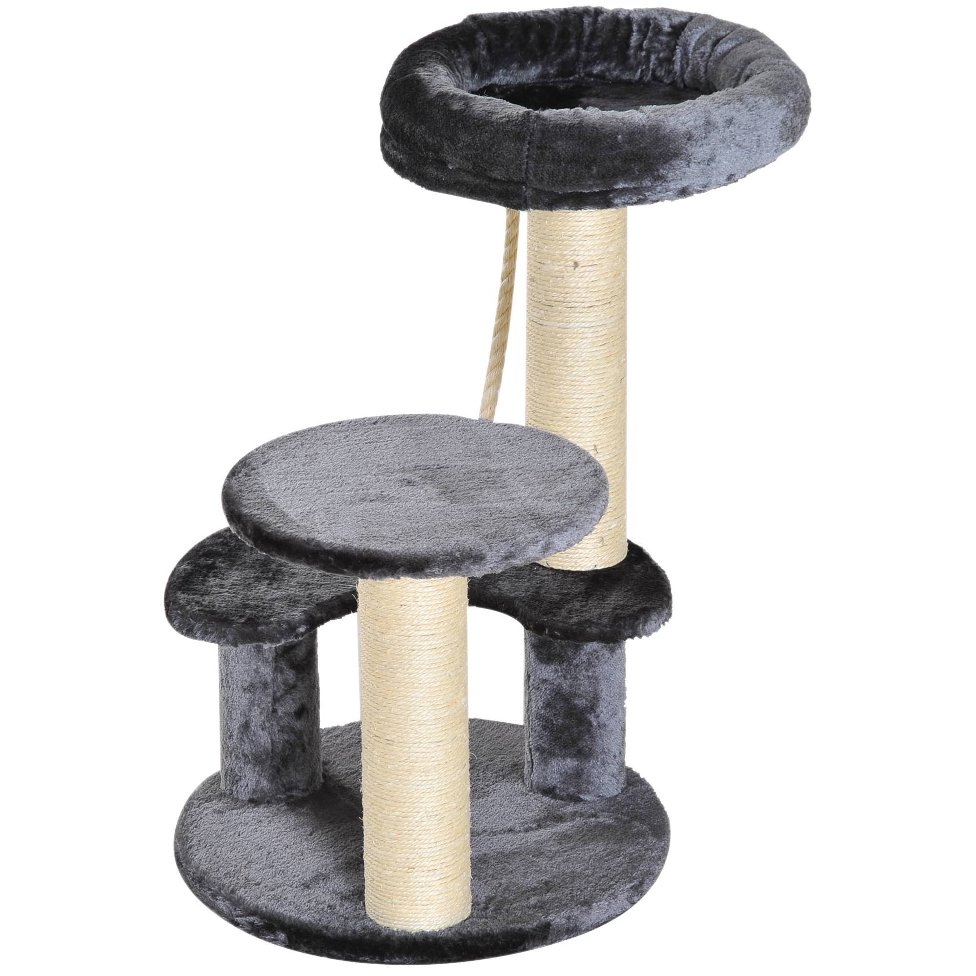 Pawhut - Arbre à chats 2 griffoirs grattoirs sisal naturel 3 plateformes corde à grimper dim. Ø 40 x 65H cm peluche haute densité 500 g/m² gris - Imagen 4