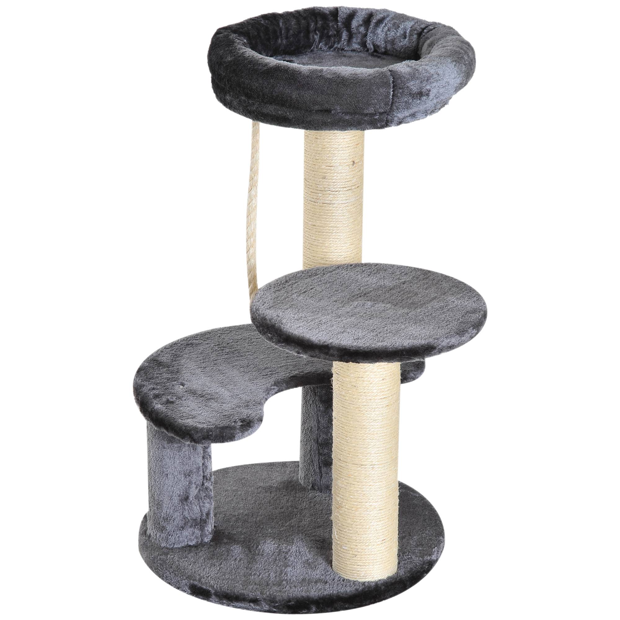 Pawhut - Arbre à chats 2 griffoirs grattoirs sisal naturel 3 plateformes corde à grimper dim. Ø 40 x 65H cm peluche haute densité 500 g/m² gris - Imagen 5