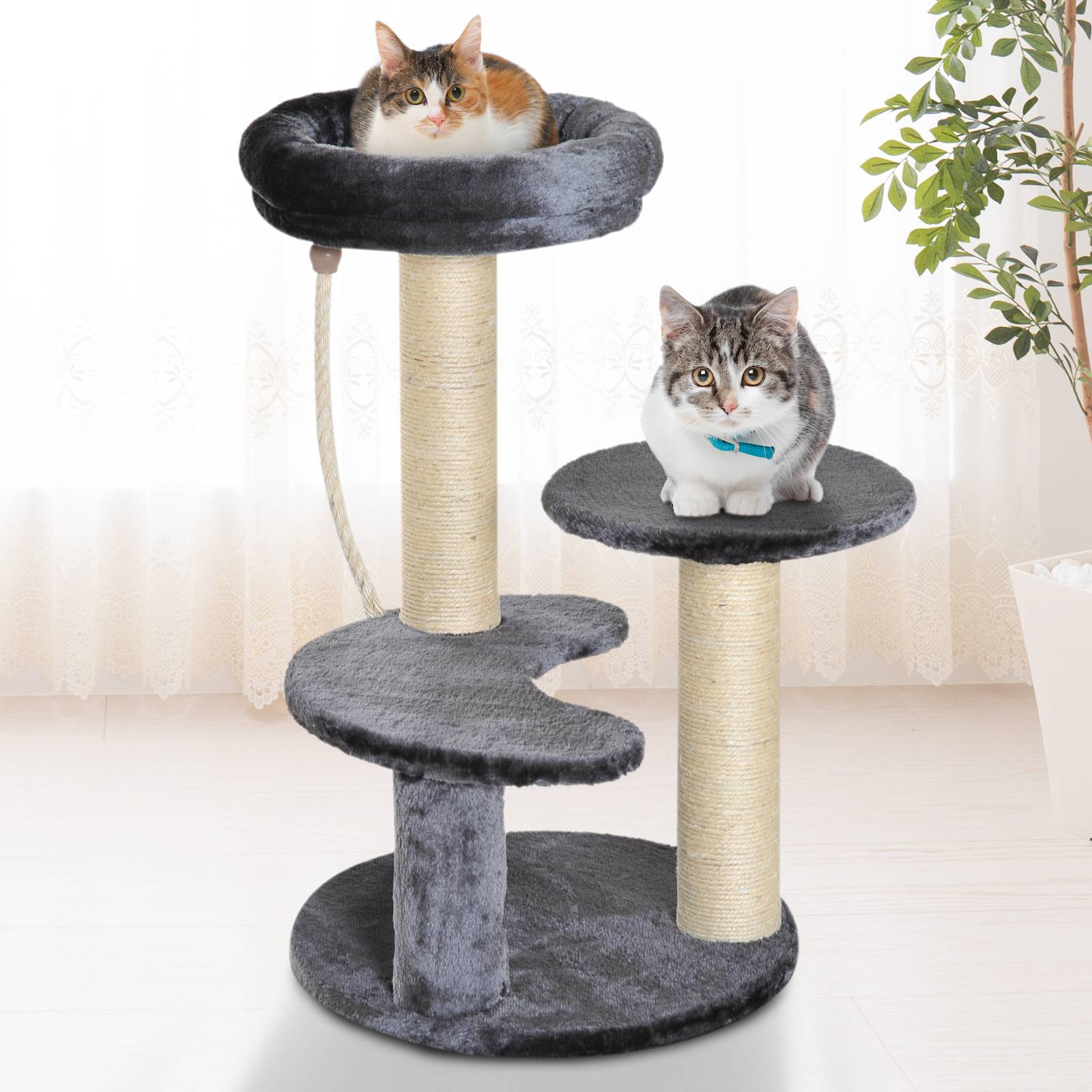 Pawhut - Arbre à chats 2 griffoirs grattoirs sisal naturel 3 plateformes corde à grimper dim. Ø 40 x 65H cm peluche haute densité 500 g/m² gris - Imagen 2