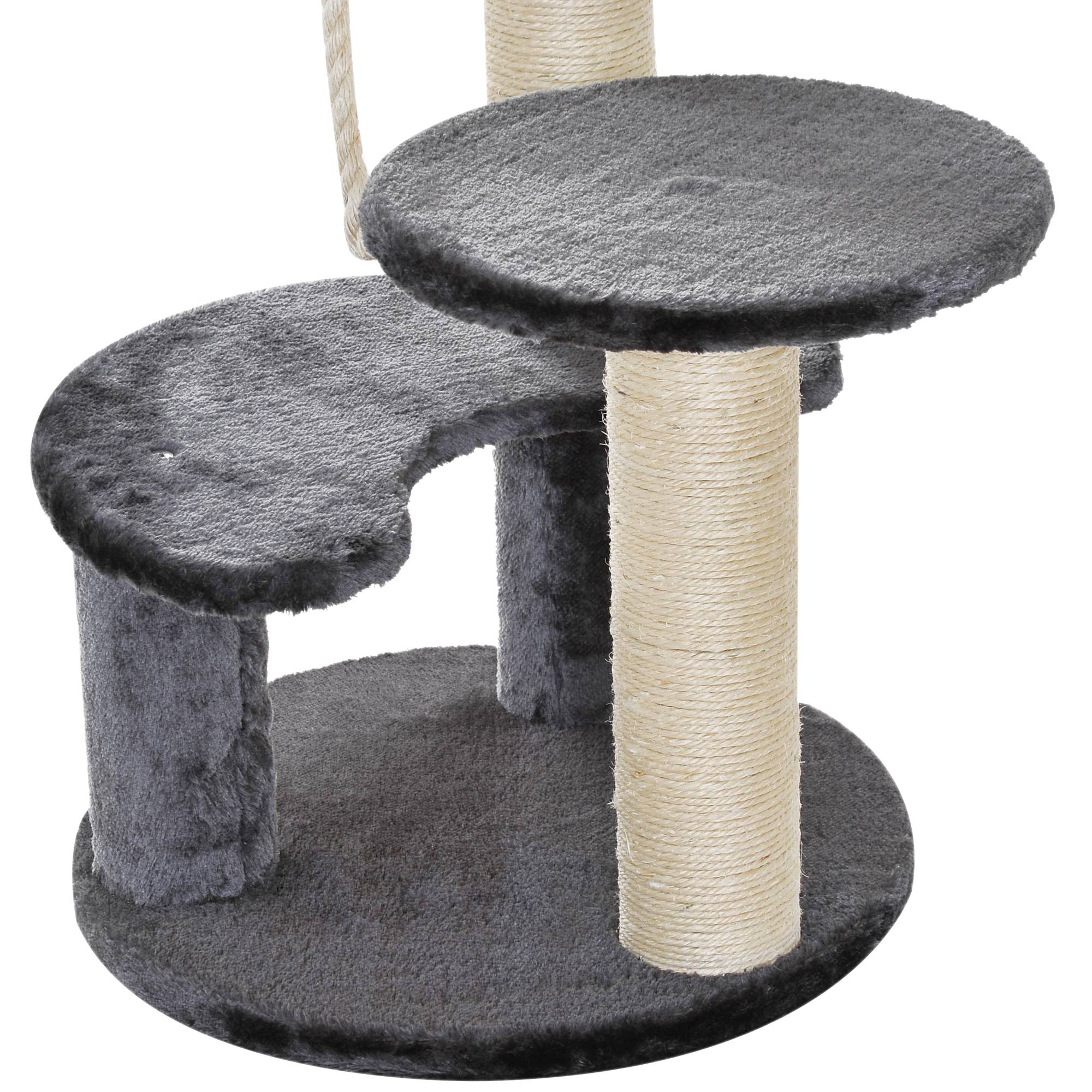 Pawhut - Arbre à chats 2 griffoirs grattoirs sisal naturel 3 plateformes corde à grimper dim. Ø 40 x 65H cm peluche haute densité 500 g/m² gris - Imagen 7