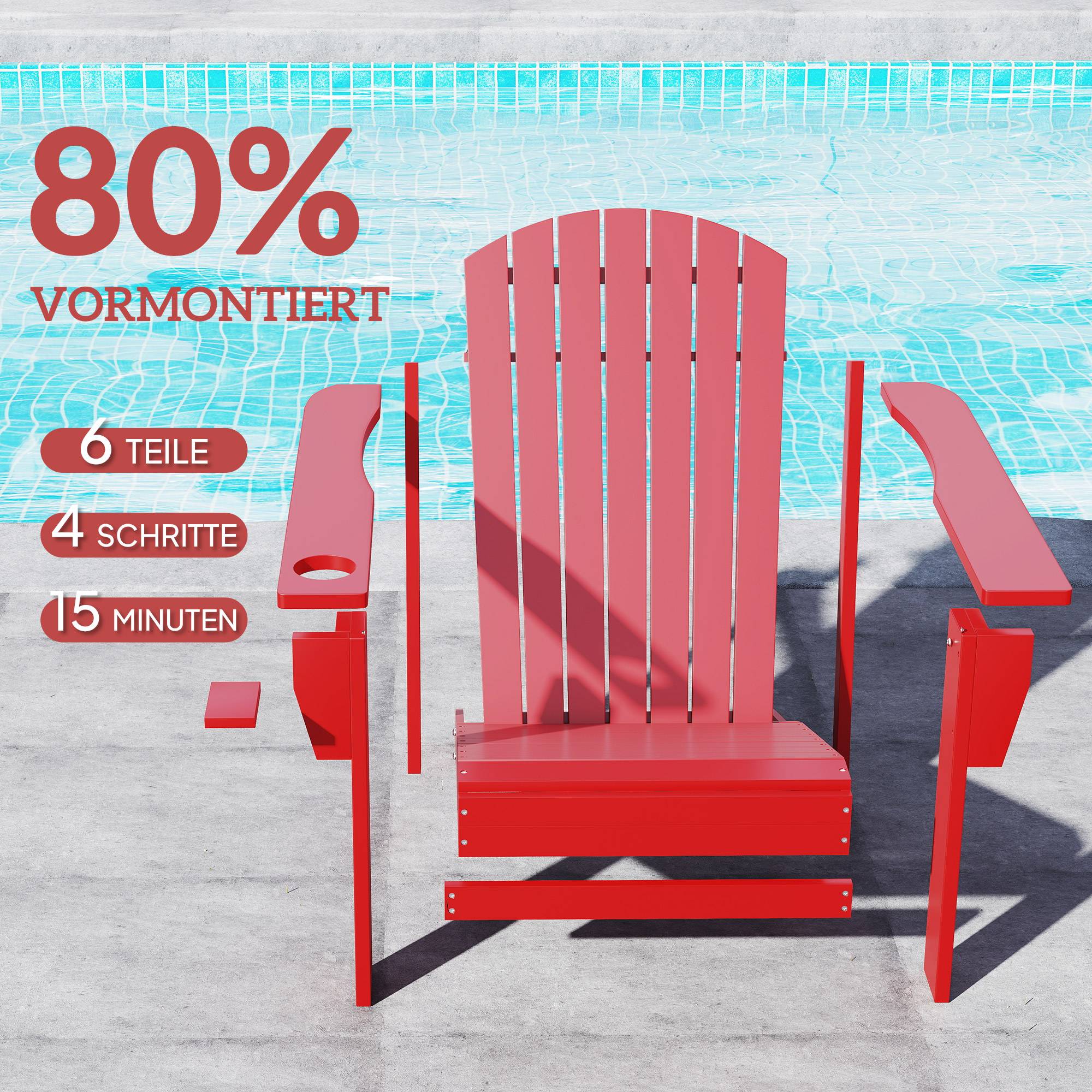 Fauteuil Adirondack de jardin en bois massif, chaise extérieur robuste pour balcon terrasse, couleur rouge, dimensions 72 x 97 x 92 cm - Image 5