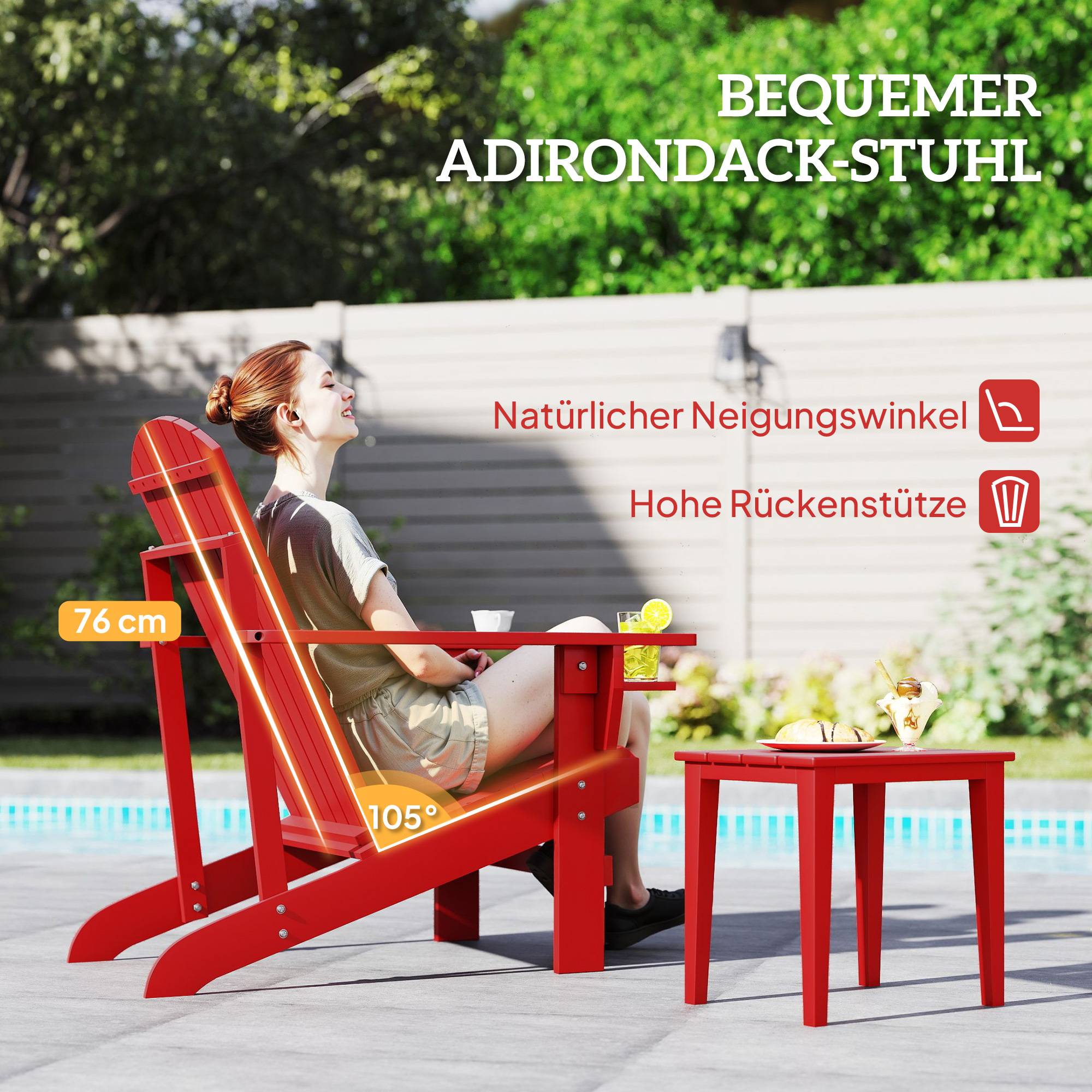 Fauteuil Adirondack de jardin en bois massif, chaise extérieur robuste pour balcon terrasse, couleur rouge, dimensions 72 x 97 x 92 cm - Image 4