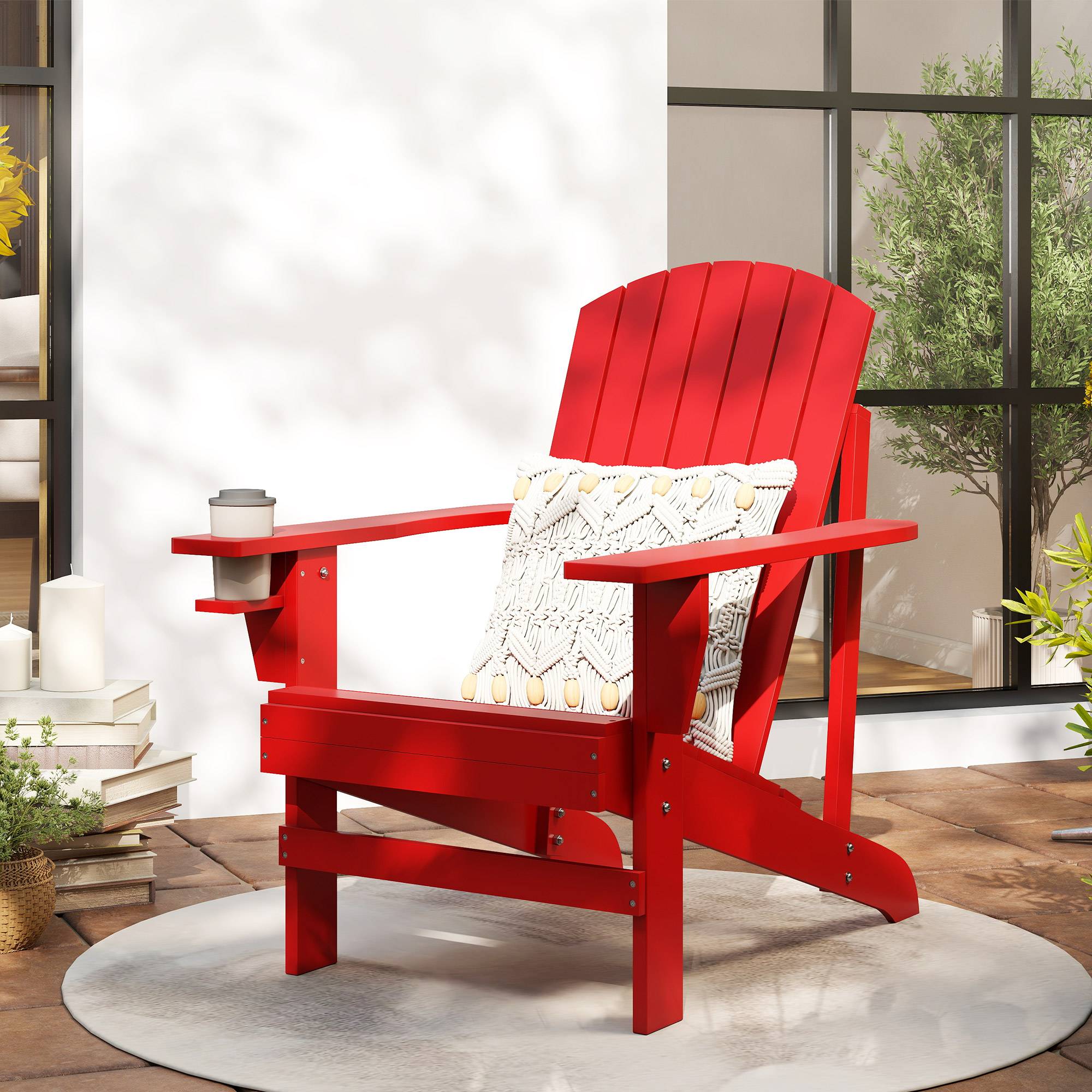 Fauteuil Adirondack de jardin en bois massif, chaise extérieur robuste pour balcon terrasse, couleur rouge, dimensions 72 x 97 x 92 cm - Image 2