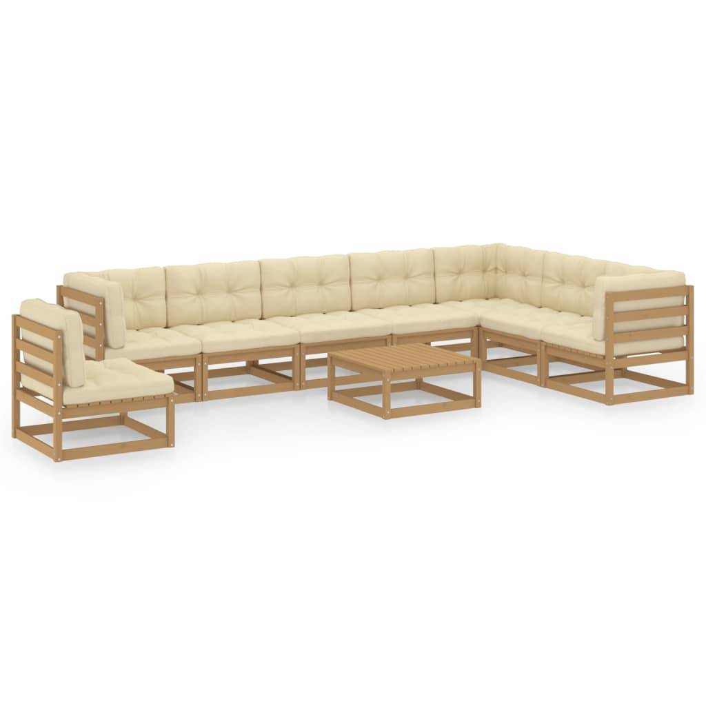 Helloshop26 - Salon de jardin meuble d'extérieur ensemble de mobilier 9 pièces avec coussins marron miel bois de pin - Imagen 1