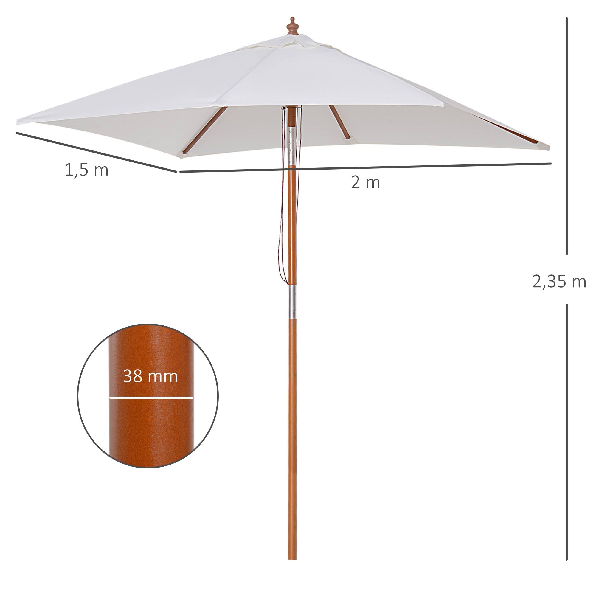 Outsunny - Parasol droit rectangulaire inclinable 2L x 1,5l x 2,3H m bois polyester haute densité crème - Outsunny - Image 2