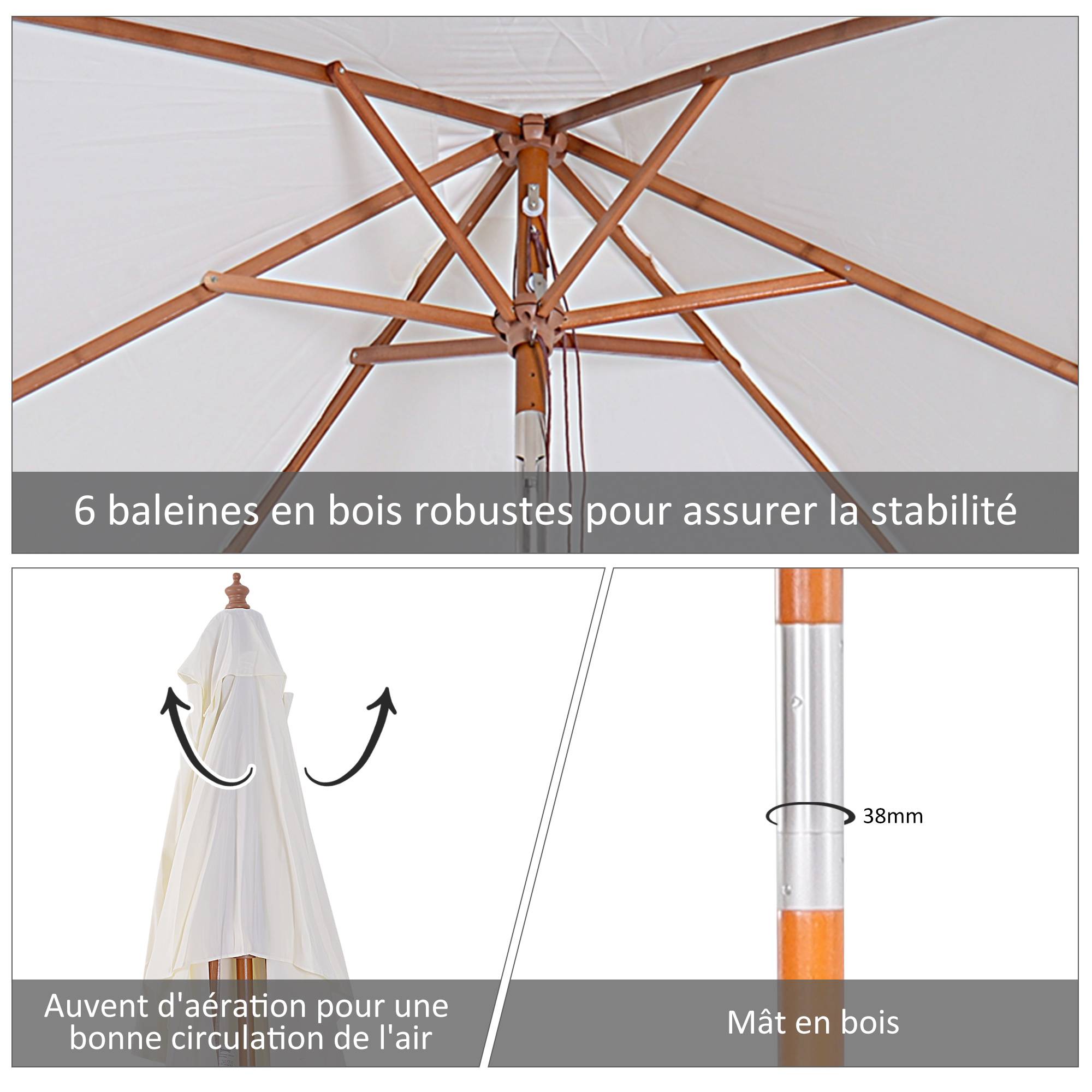 Outsunny - Parasol droit rectangulaire inclinable 2L x 1,5l x 2,3H m bois polyester haute densité crème - Outsunny - Image 4