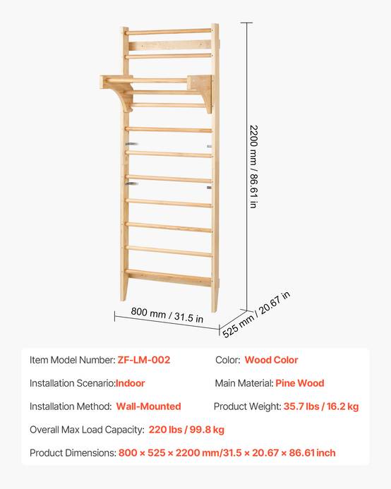 VEVOR Espalier bois massif, échelle suédoise 10 niveaux, charge 99,8 kg. Barre traction, gym. - Image 7