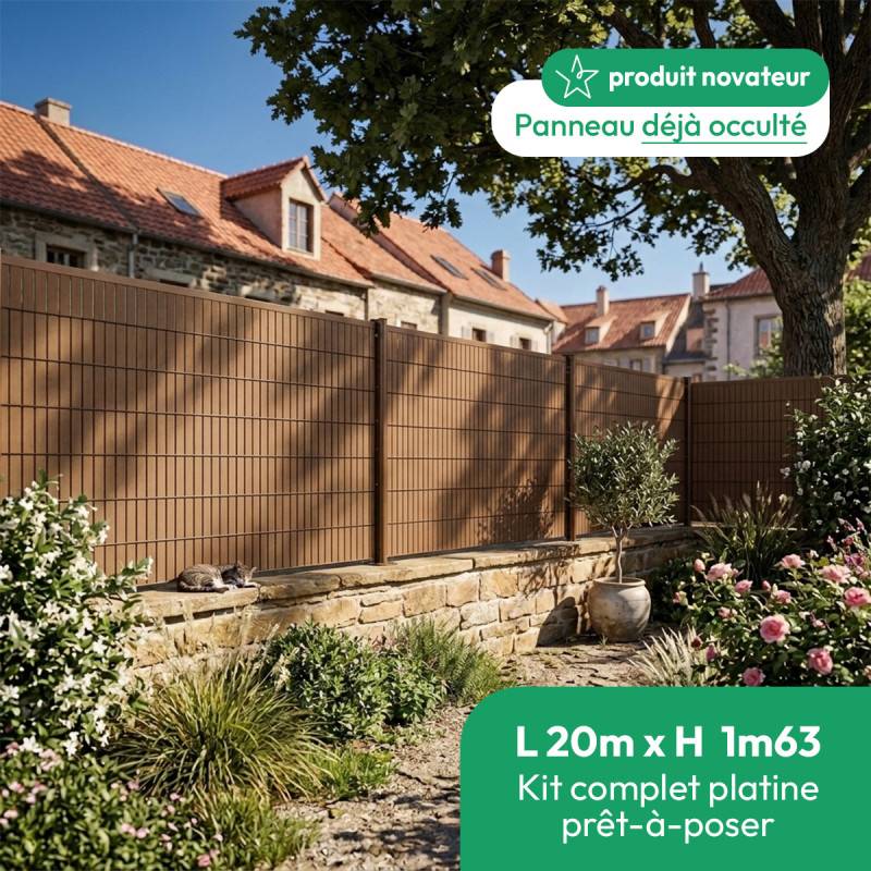 Kit complet grillage rigide occulté composite L 20m H 1m63 marron sur platine - Easy Clôture - Image 1
