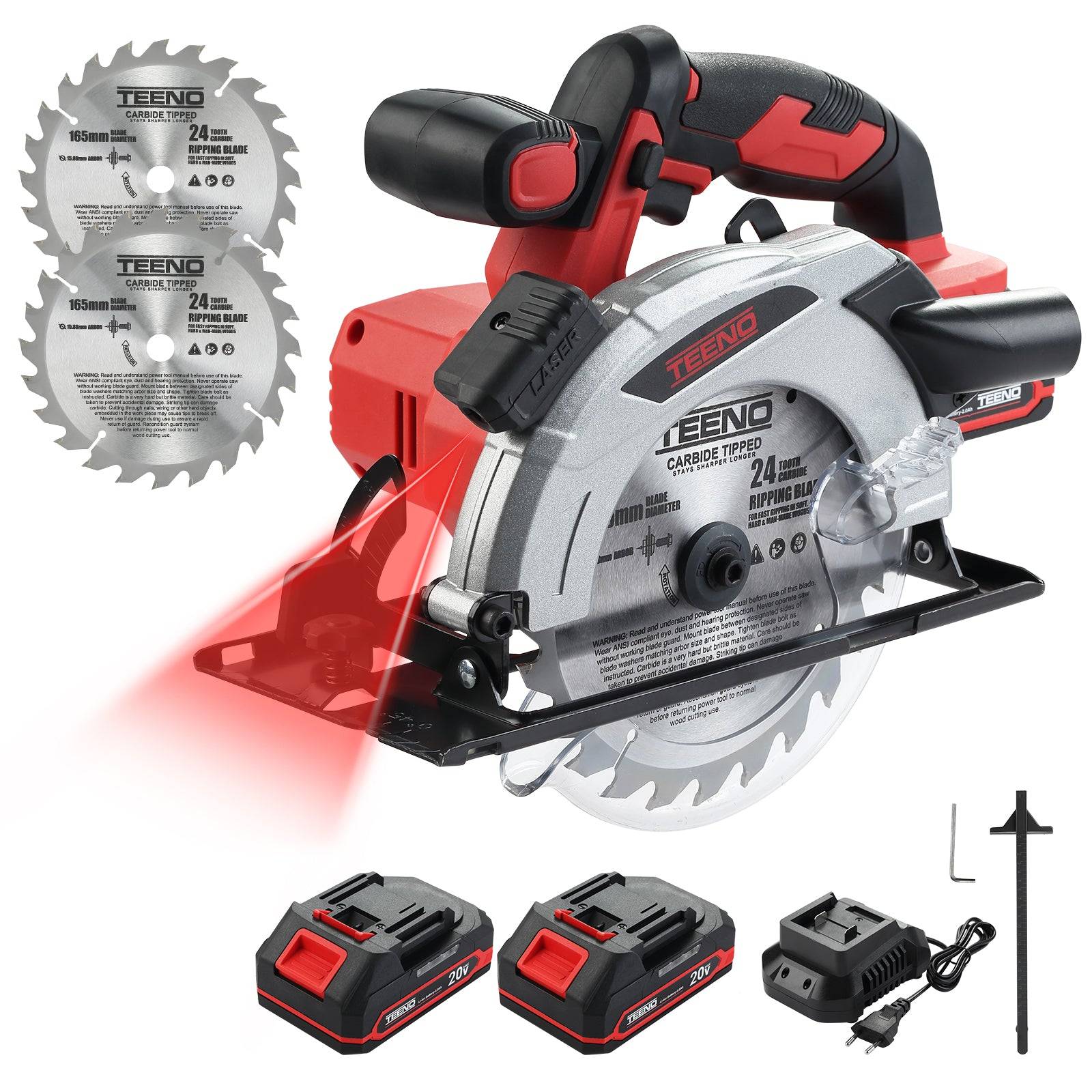 Teeno - Scie circulaire sans fil laser 165 mm, 20 V, 4000 tr/min, 2 batteries 2,0 Ah, 2 lames de scie - Image 1