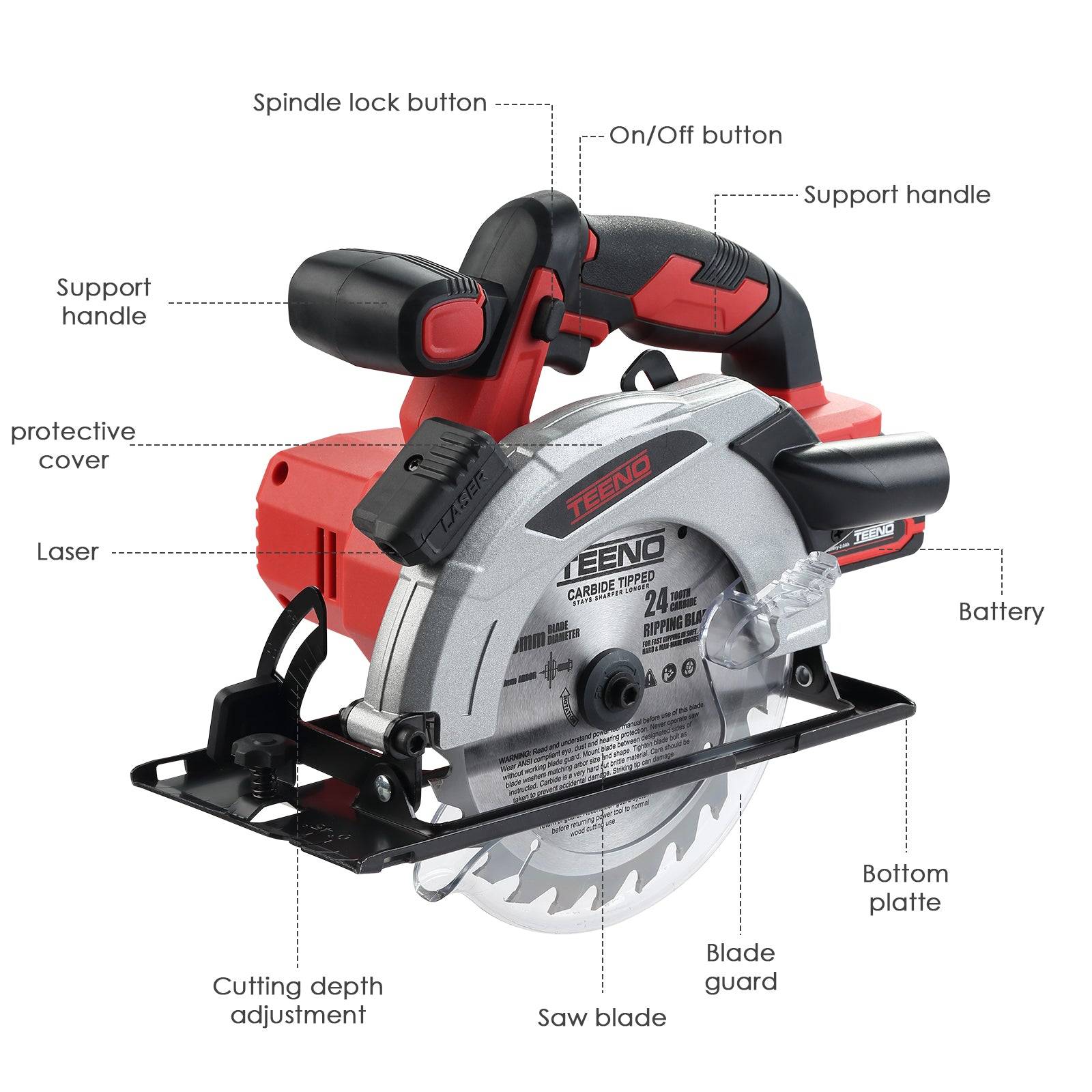 Teeno - Scie circulaire sans fil laser 165 mm, 20 V, 4000 tr/min, 2 batteries 2,0 Ah, 2 lames de scie - Image 2