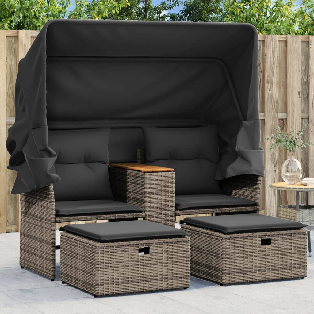 Canapé Extérieur 2 Assises Poly Rotin avec Toit Pliable et Table Centrale Bois – Gris – ComfortXL Outdoor Living - Image 1