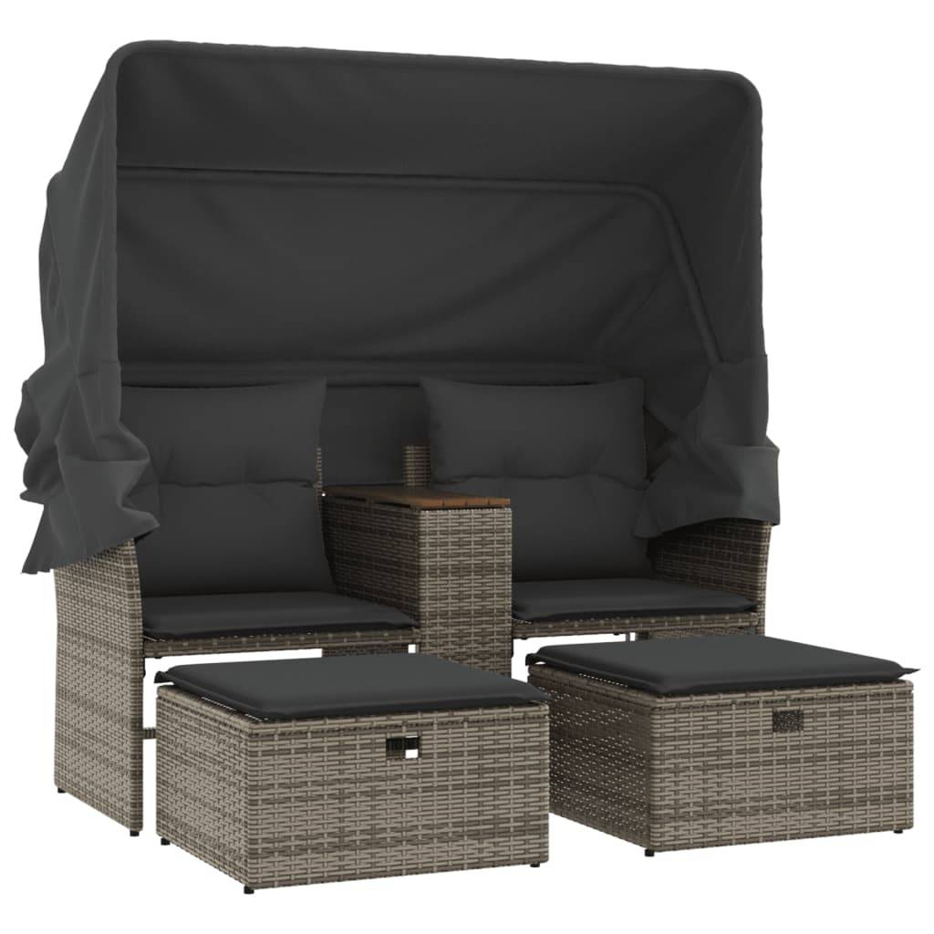 Canapé Extérieur 2 Assises Poly Rotin avec Toit Pliable et Table Centrale Bois – Gris – ComfortXL Outdoor Living - Image 2