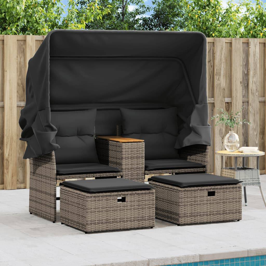Canapé Extérieur 2 Assises Poly Rotin avec Toit Pliable et Table Centrale Bois – Gris – ComfortXL Outdoor Living - Image 3