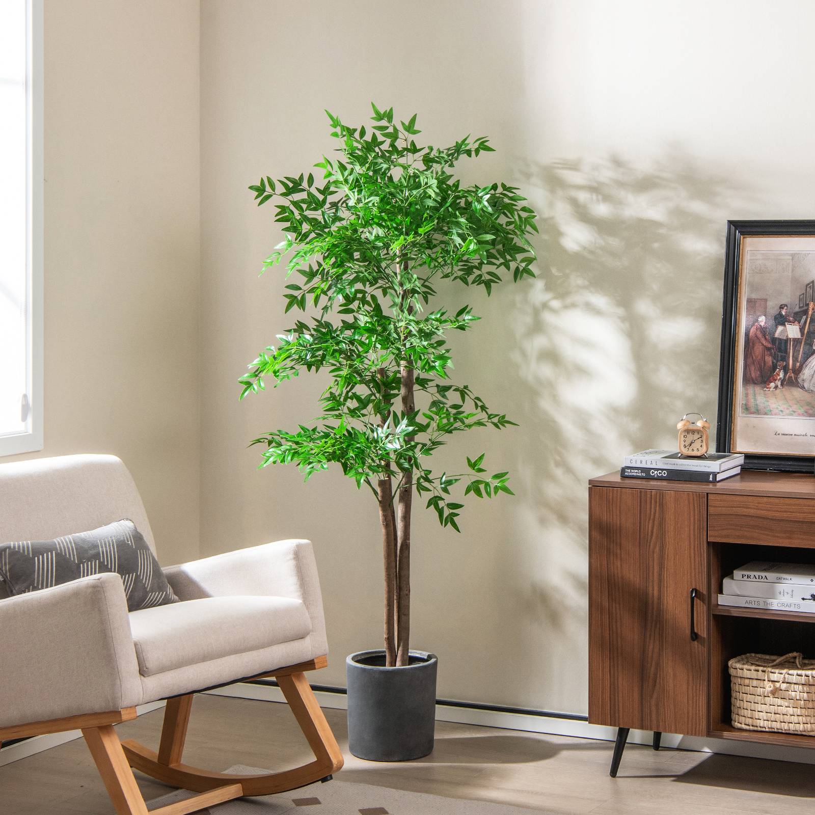 Plante Artificielle de 150 cm, Imitation Bambou avec 1 020 Feuilles Tronc en Bois Naturel Mousse Séchée Réaliste Pot de Pépinière, pour Salon Bureau - Image 3