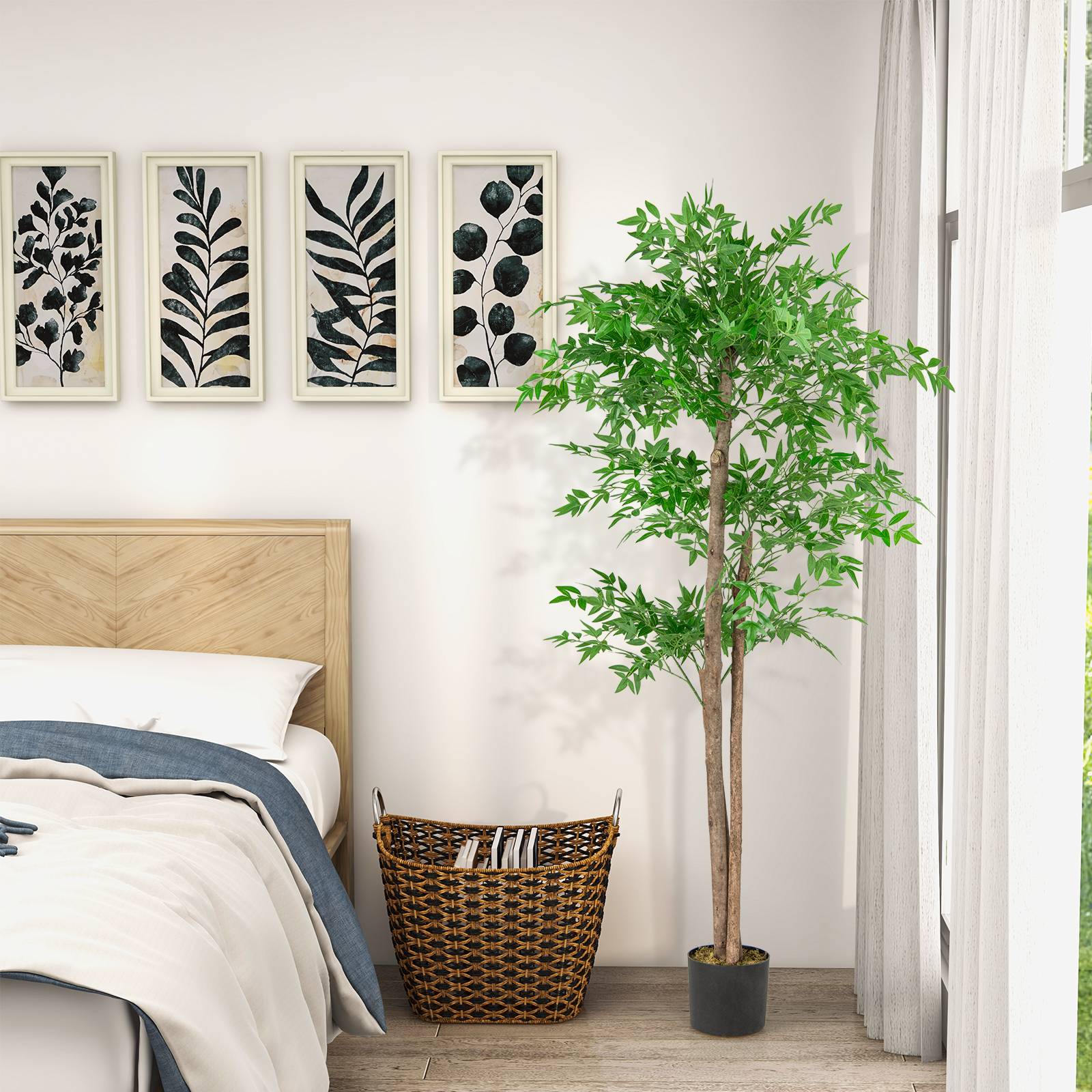 Plante Artificielle de 150 cm, Imitation Bambou avec 1 020 Feuilles Tronc en Bois Naturel Mousse Séchée Réaliste Pot de Pépinière, pour Salon Bureau - Image 2