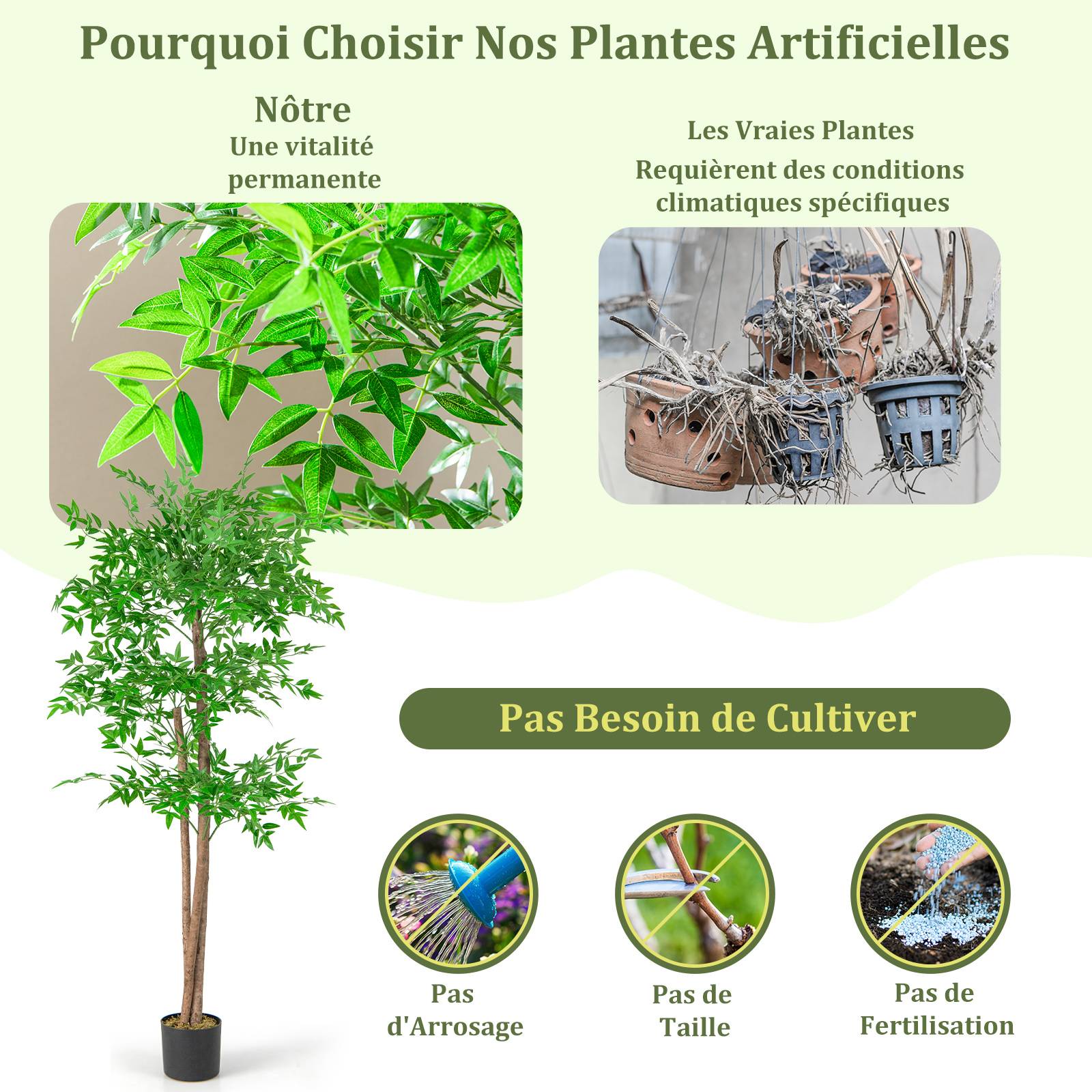 Plante Artificielle de 150 cm, Imitation Bambou avec 1 020 Feuilles Tronc en Bois Naturel Mousse Séchée Réaliste Pot de Pépinière, pour Salon Bureau - Image 5