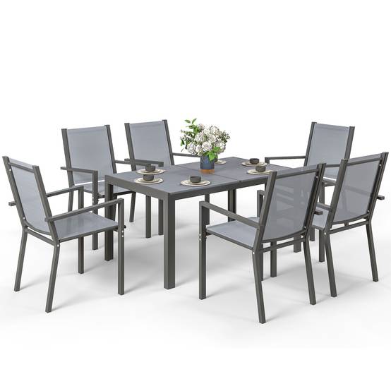 Salon de jardin acier et bois synthétique gris 150 x 90 x 73 cm - PANGIVO - Image 2