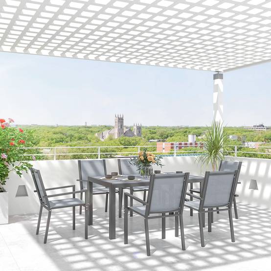 Salon de jardin acier et bois synthétique gris 150 x 90 x 73 cm - PANGIVO - Image 4