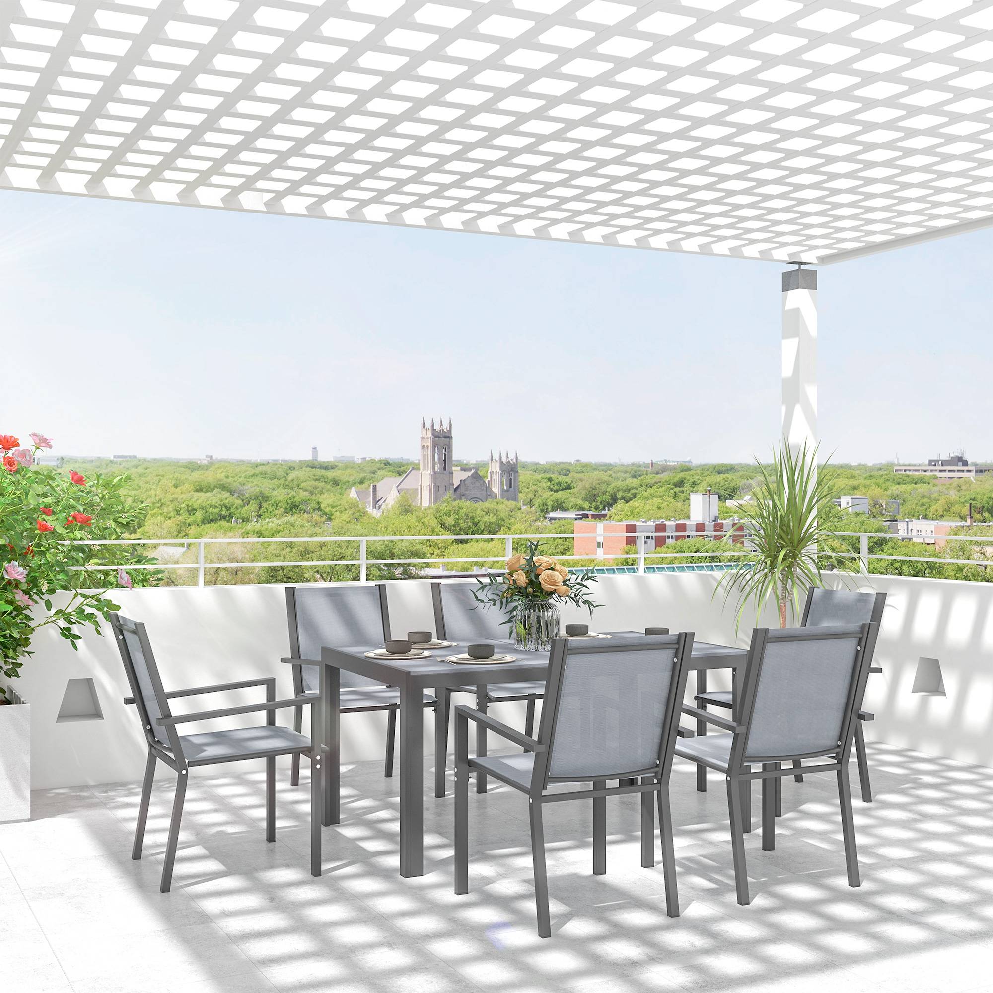 Salon de jardin acier et bois synthétique gris 150 x 90 x 73 cm - PANGIVO - Image 4