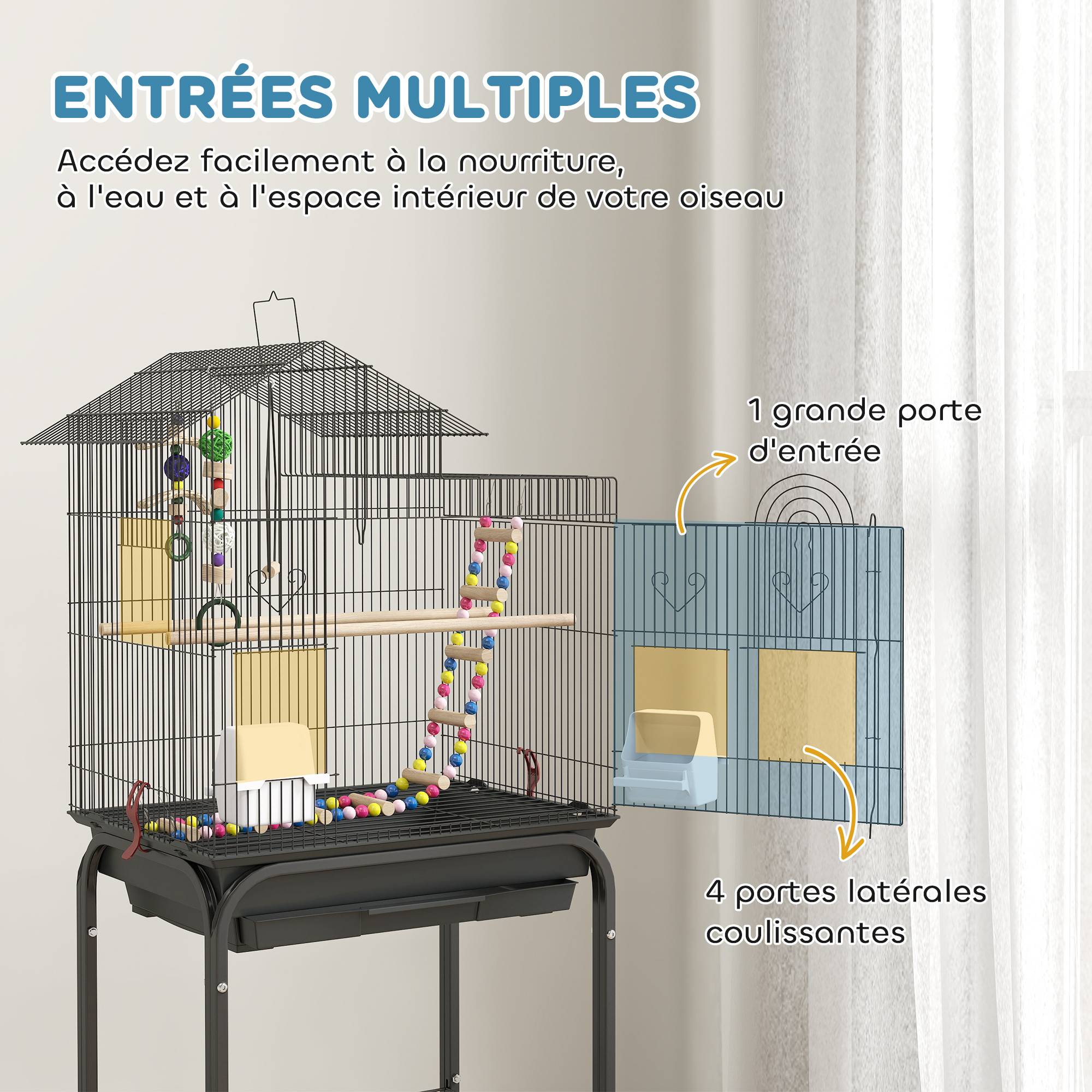 Volière oiseaux acier sur roulettes étagère inférieure jeux inclus 46x36x120cm noir - ComfortXL Outdoor Living - Image 9