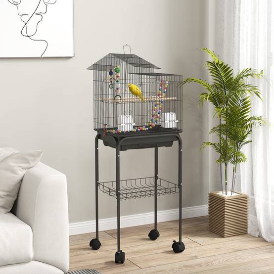 Volière oiseaux acier sur roulettes étagère inférieure jeux inclus 46x36x120cm noir - ComfortXL Outdoor Living - Image 3