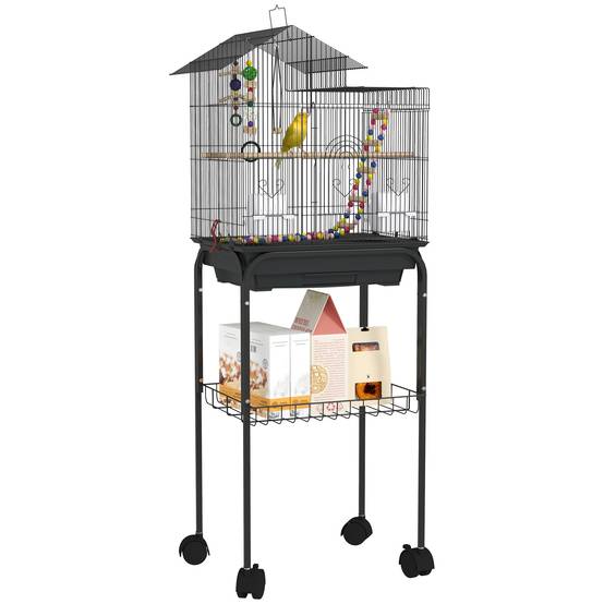 Volière oiseaux acier sur roulettes étagère inférieure jeux inclus 46x36x120cm noir - ComfortXL Outdoor Living - Image 1