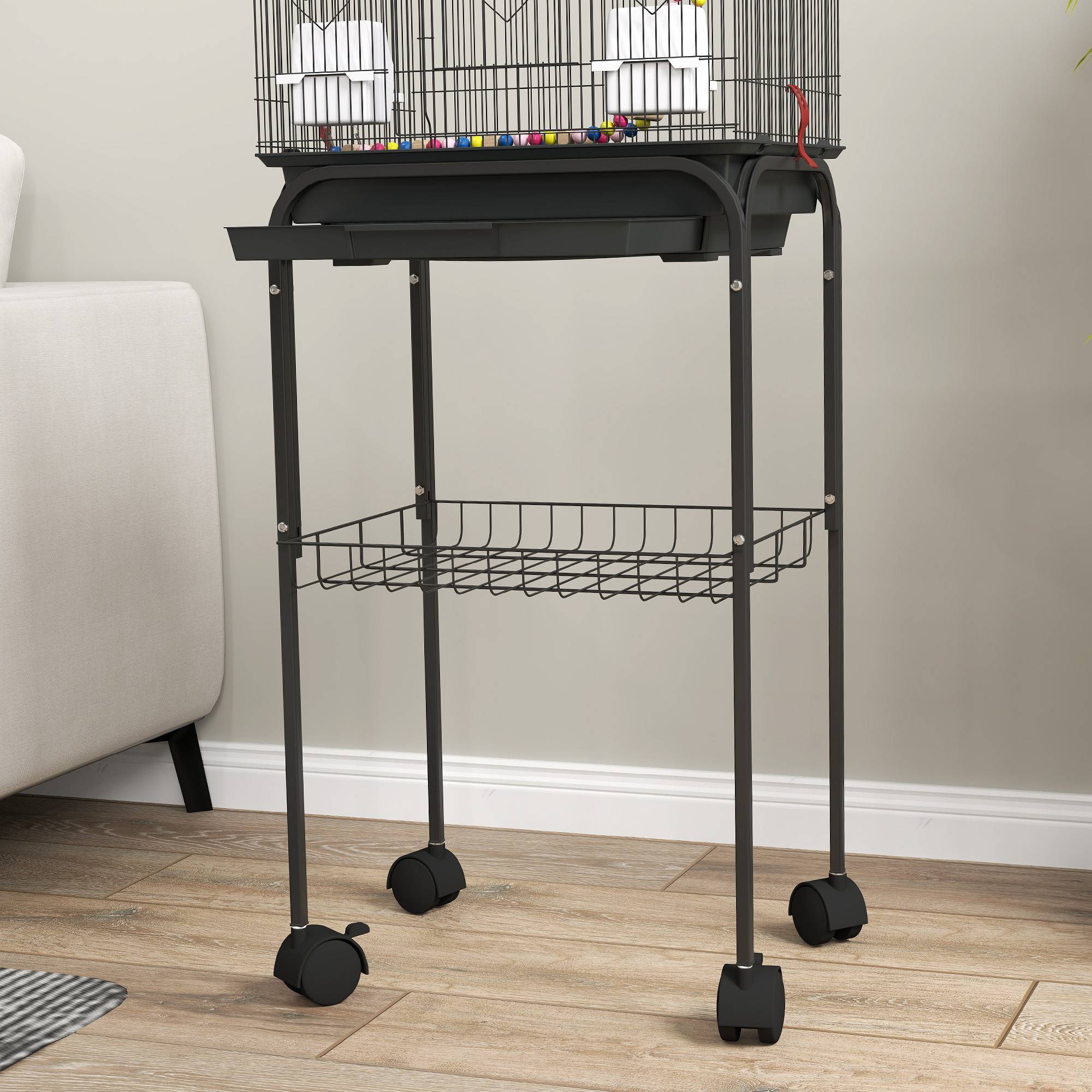 Volière oiseaux acier sur roulettes étagère inférieure jeux inclus 46x36x120cm noir - ComfortXL Outdoor Living - Image 10