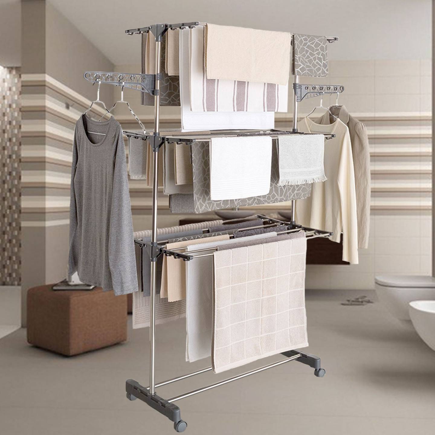 Séchoir à linge vertical pliable 3 niveaux MAXIMA capacité 20M inox et gris - Image 4