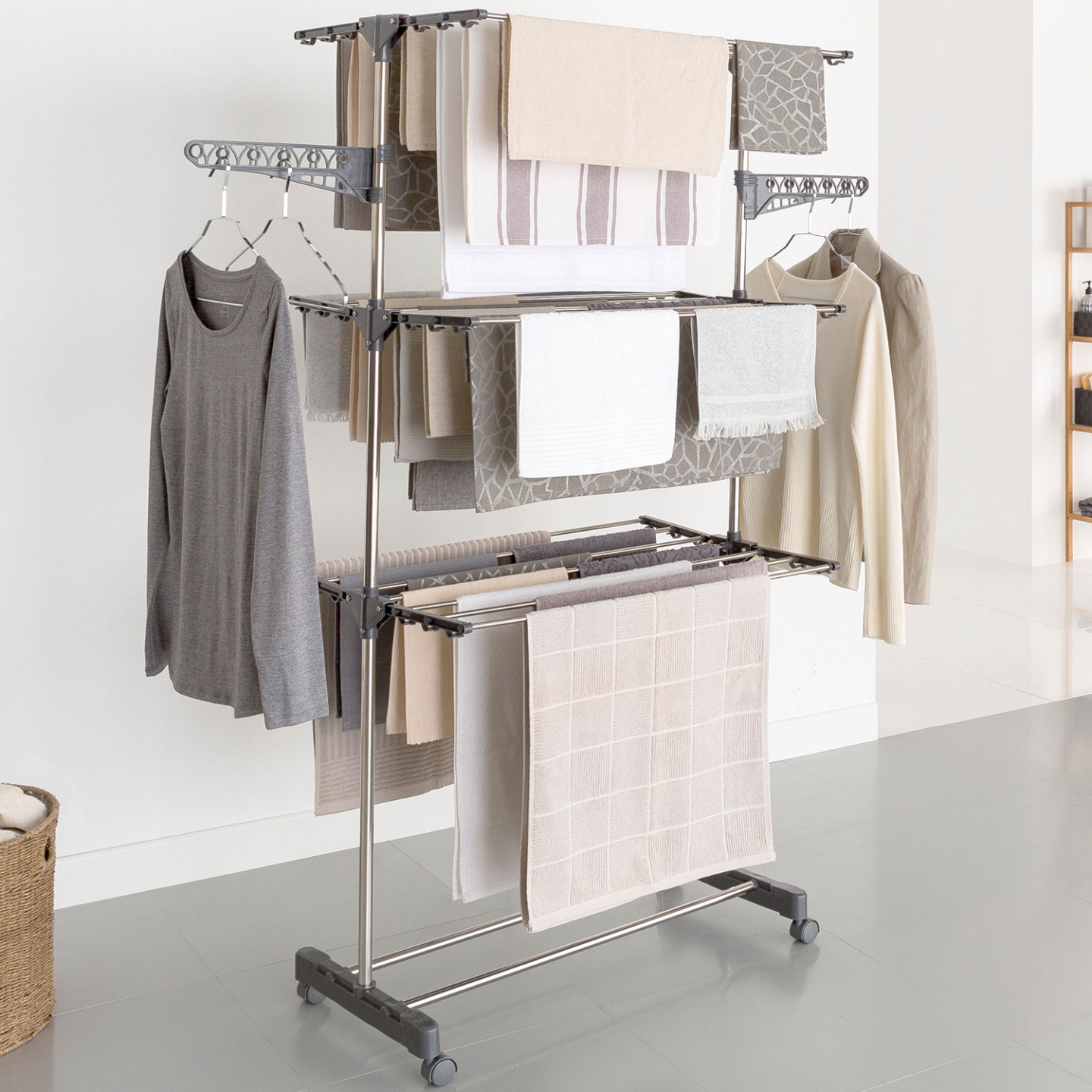 Séchoir à linge vertical pliable 3 niveaux MAXIMA capacité 20M inox et gris - Image 1