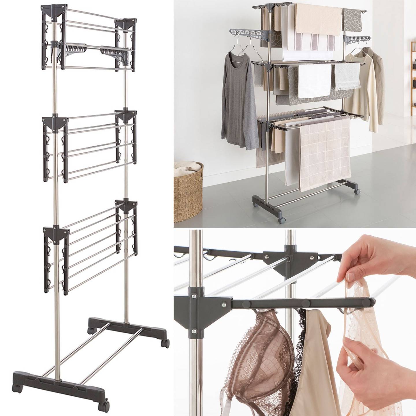 Séchoir à linge vertical pliable 3 niveaux MAXIMA capacité 20M inox et gris - Image 3