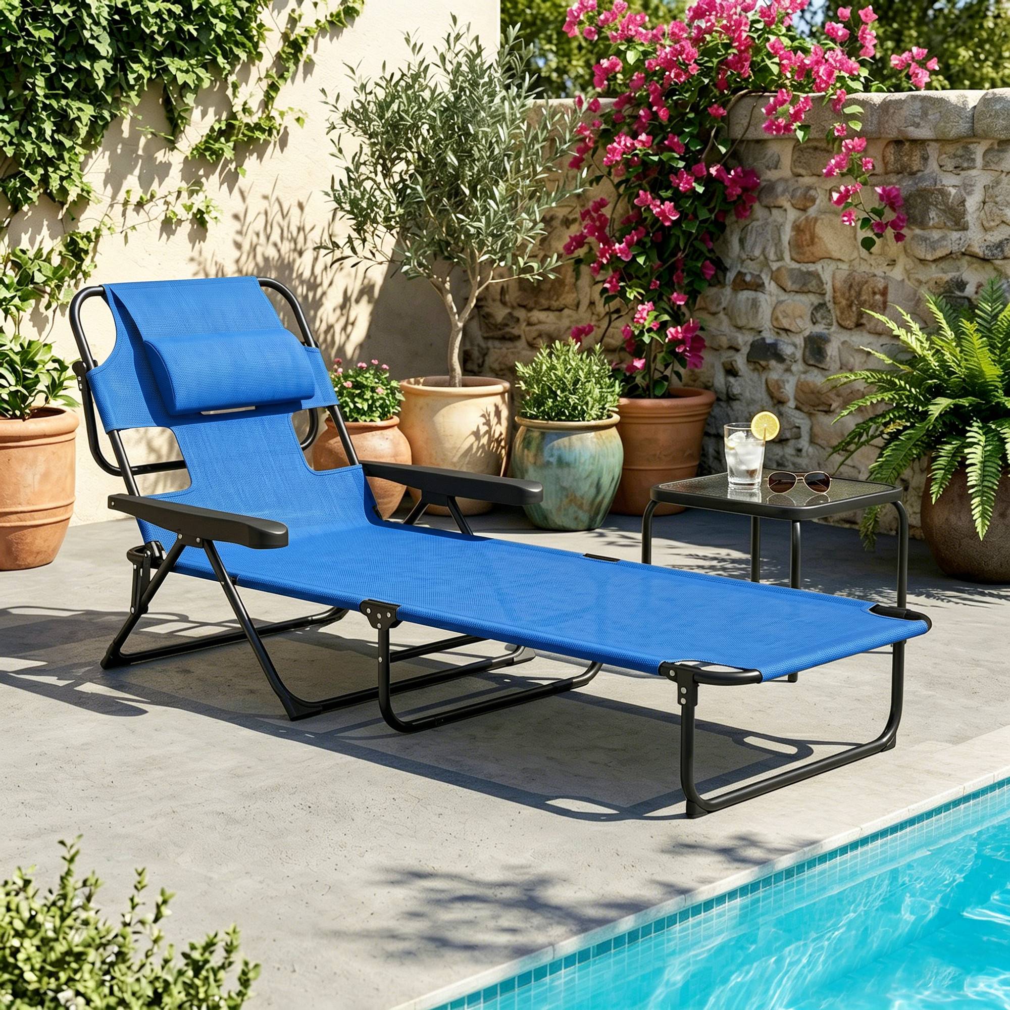 Sans Marque - Chaise longue de jardin pliante avec dossier réglable, coussin et ouverture pour le visage, bleu foncé - Image 4