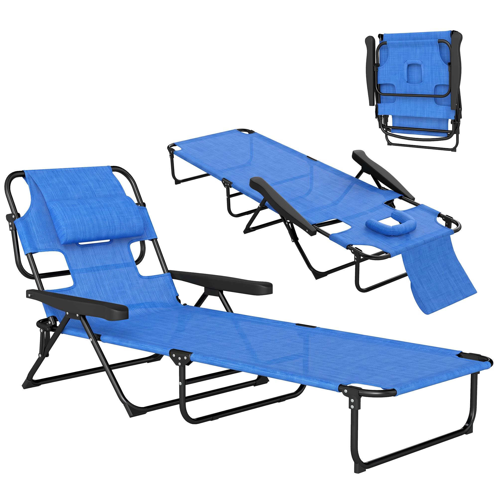 Sans Marque - Chaise longue de jardin pliante avec dossier réglable, coussin et ouverture pour le visage, bleu foncé - Image 1