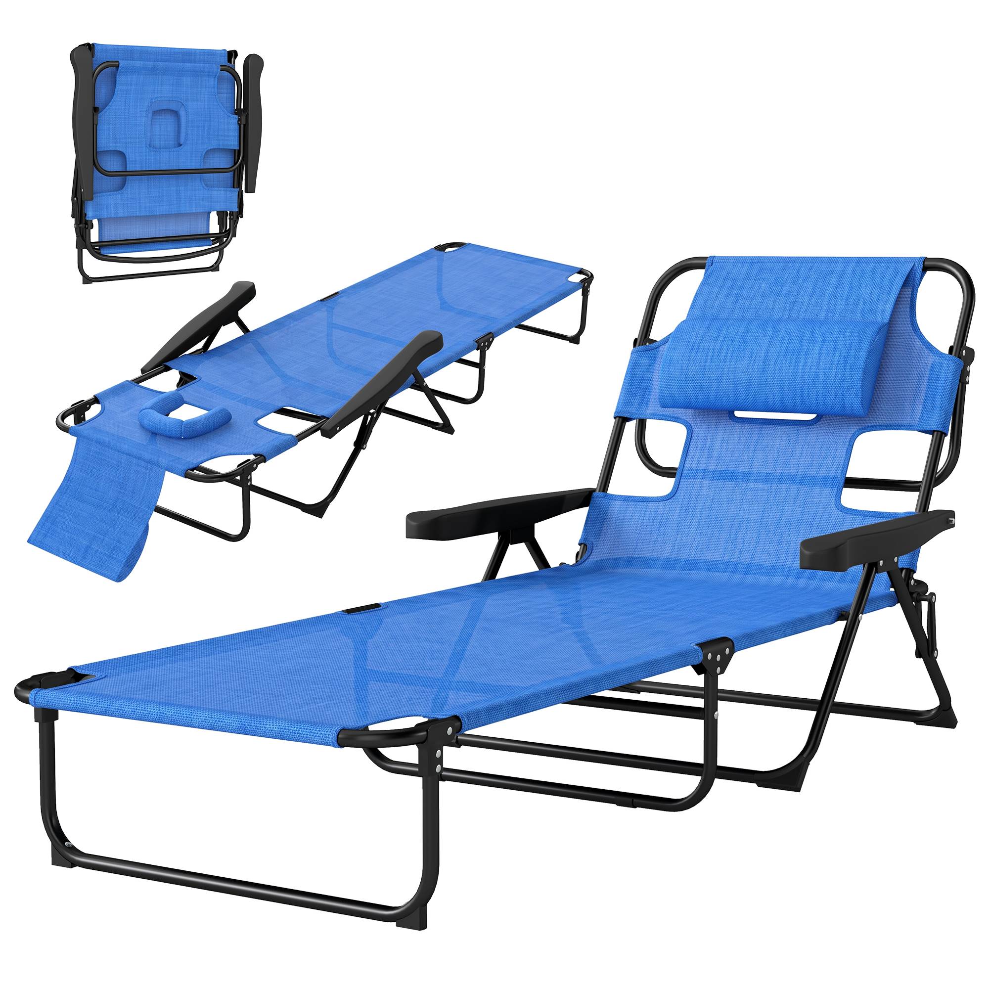 Sans Marque - Chaise longue de jardin pliante avec dossier réglable, coussin et ouverture pour le visage, bleu foncé - Image 2