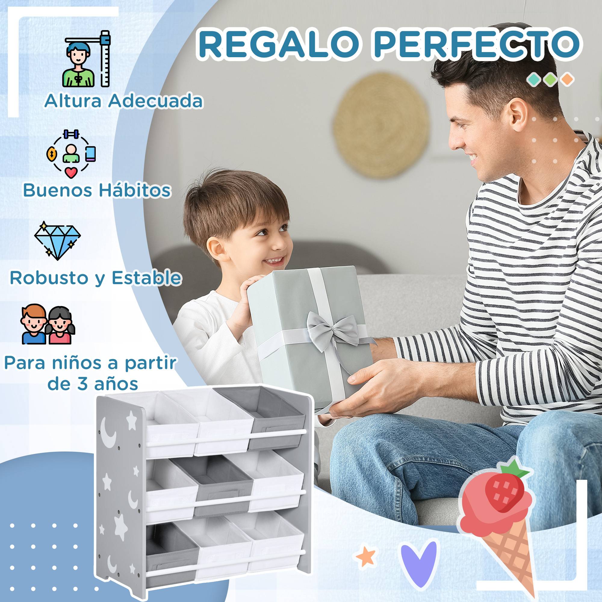 Organisateur de jouets avec 9 boîtes amovibles en tissu non tissé pour chambre d'enfant, 63 x 30 x 60 cm, gris - Image 8
