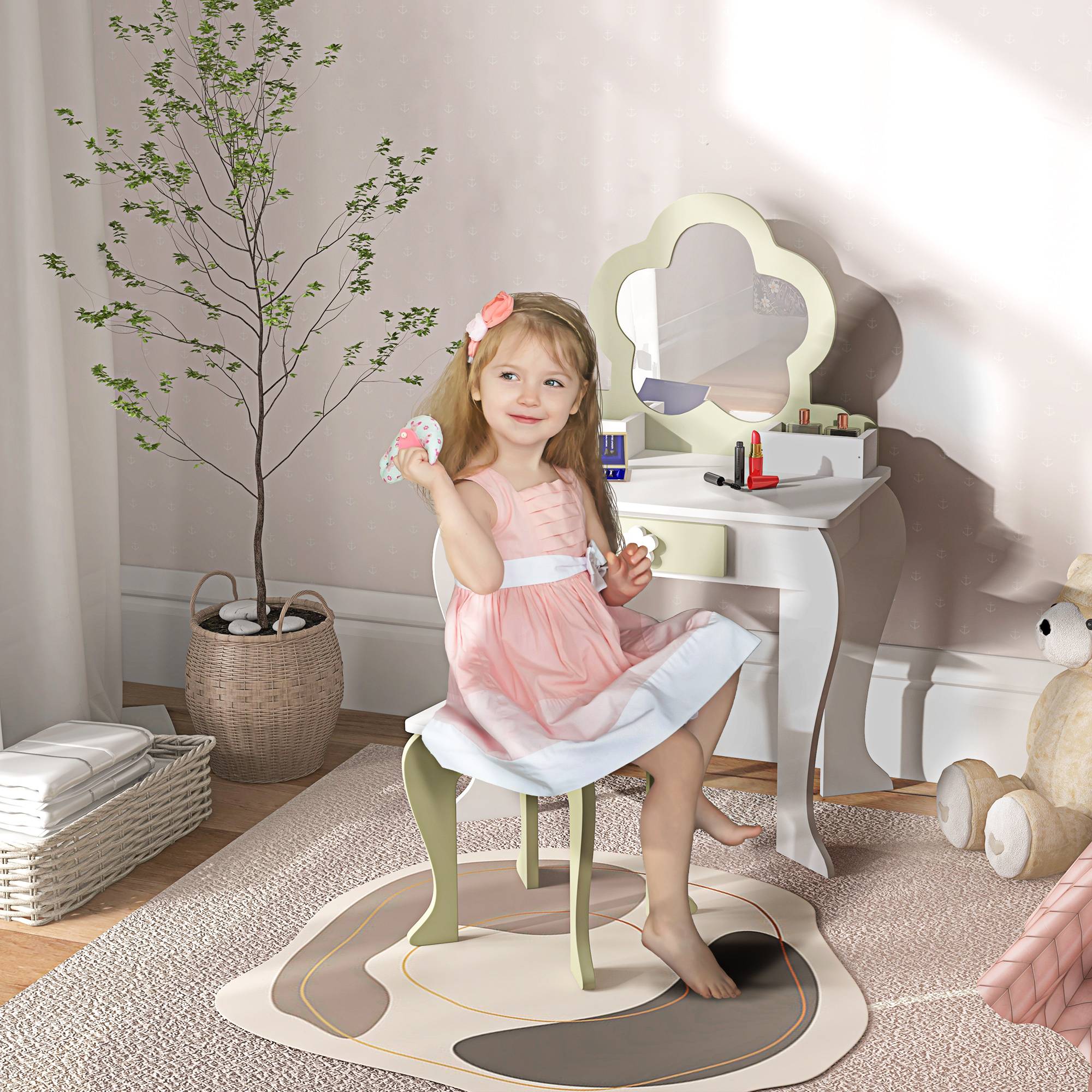 Sans Marque - Coiffeuse pour fille avec miroir et tabouret, meuble de maquillage avec 2 boîtes et 1 tiroir, 55 x 34 x 87,5 cm, blanc et vert pastel - Image 3