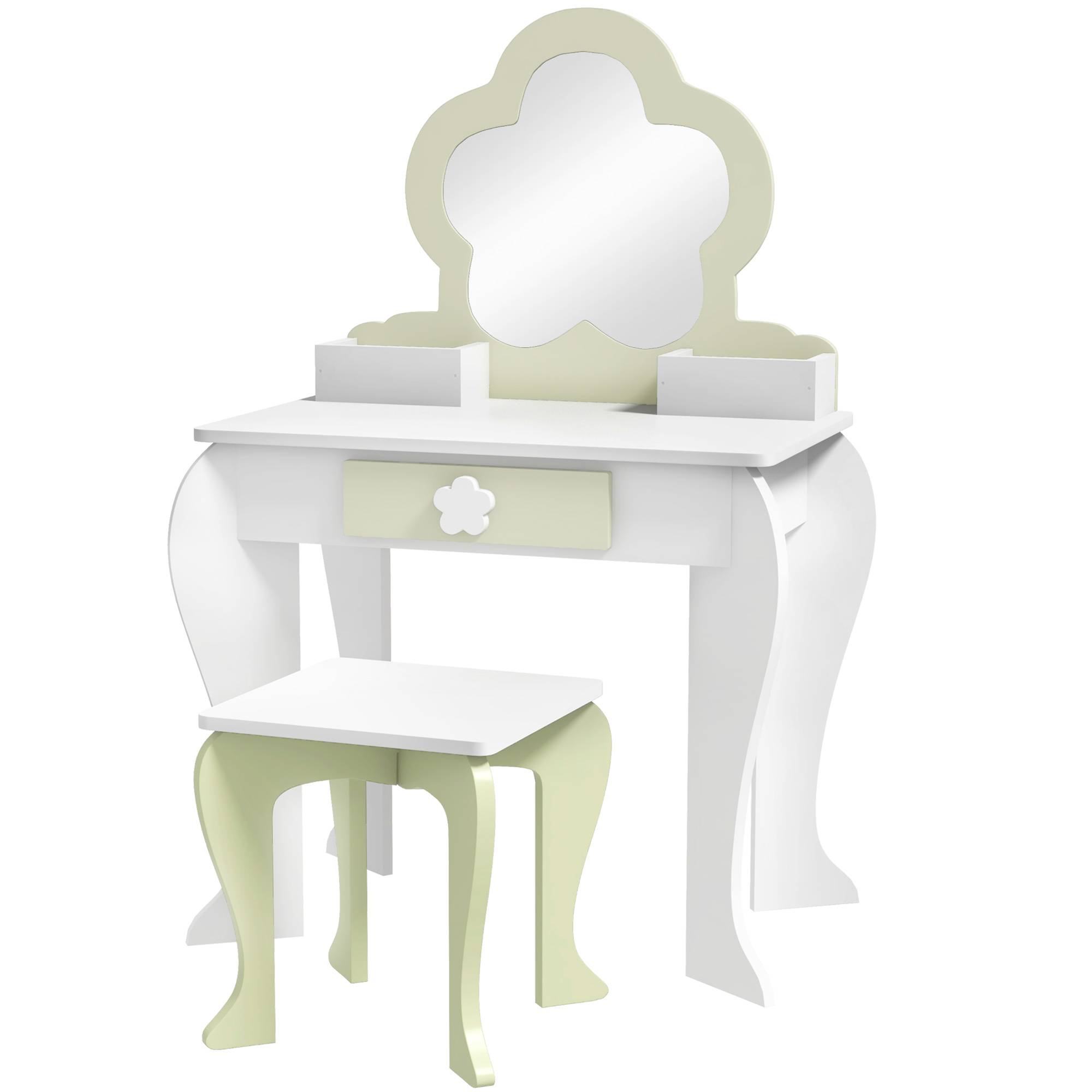 Sans Marque - Coiffeuse pour fille avec miroir et tabouret, meuble de maquillage avec 2 boîtes et 1 tiroir, 55 x 34 x 87,5 cm, blanc et vert pastel - Image 2