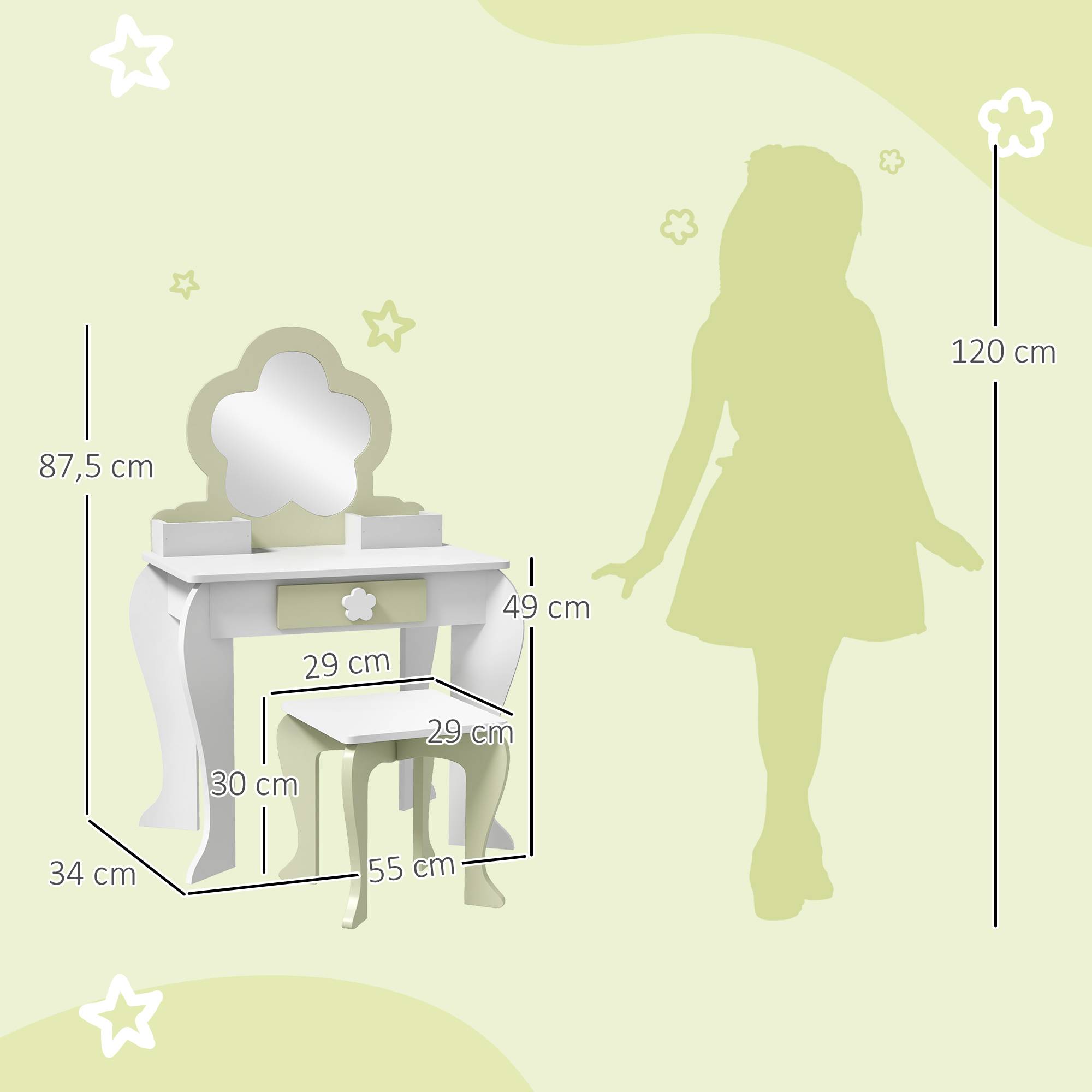 Sans Marque - Coiffeuse pour fille avec miroir et tabouret, meuble de maquillage avec 2 boîtes et 1 tiroir, 55 x 34 x 87,5 cm, blanc et vert pastel - Image 5