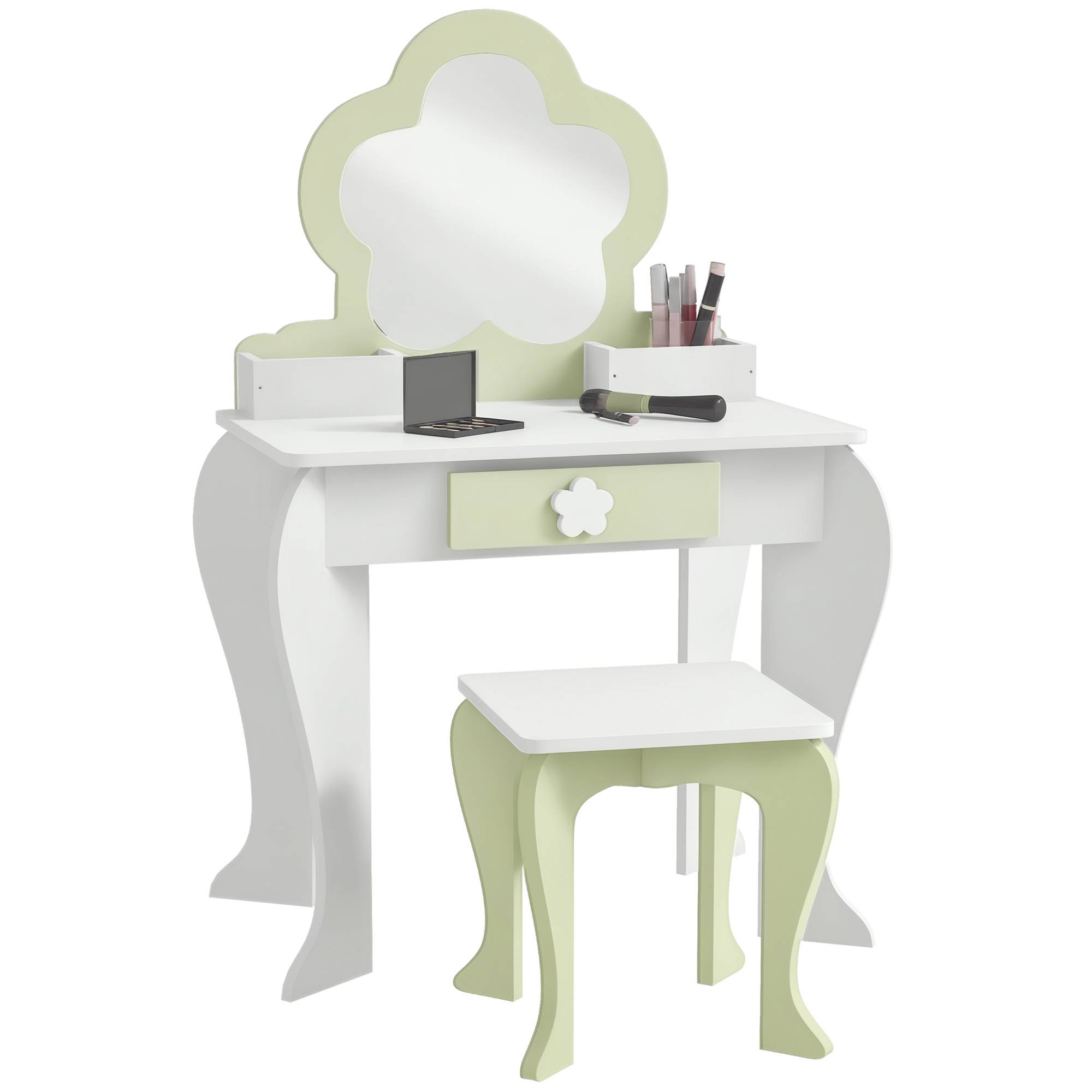 Sans Marque - Coiffeuse pour fille avec miroir et tabouret, meuble de maquillage avec 2 boîtes et 1 tiroir, 55 x 34 x 87,5 cm, blanc et vert pastel - Image 1