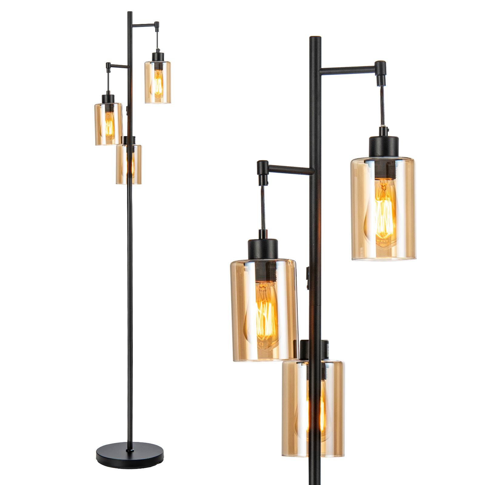 Costway - Lampadaire Autonome avec Abat-Jour en Verre Ambré à 3 Têtes Suspendues, Interrupteur à Pied, Base en Métal, pour Salon, Chambre, Noir - Image 1